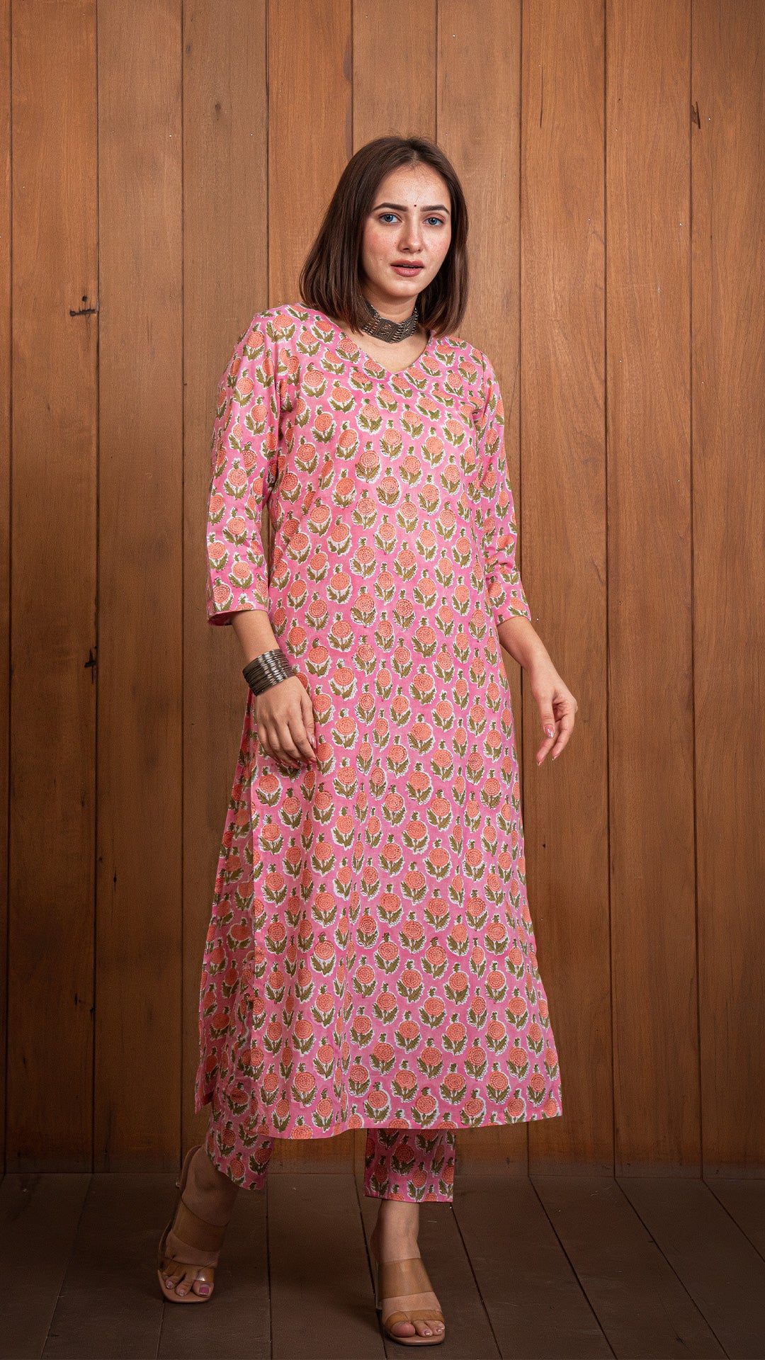 Pink-Orange Flowers Sanganeri Hand Block Cotton Kurta