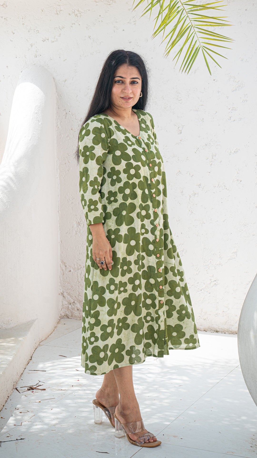 Roza Floral Hand Block Cotton Dress - Green