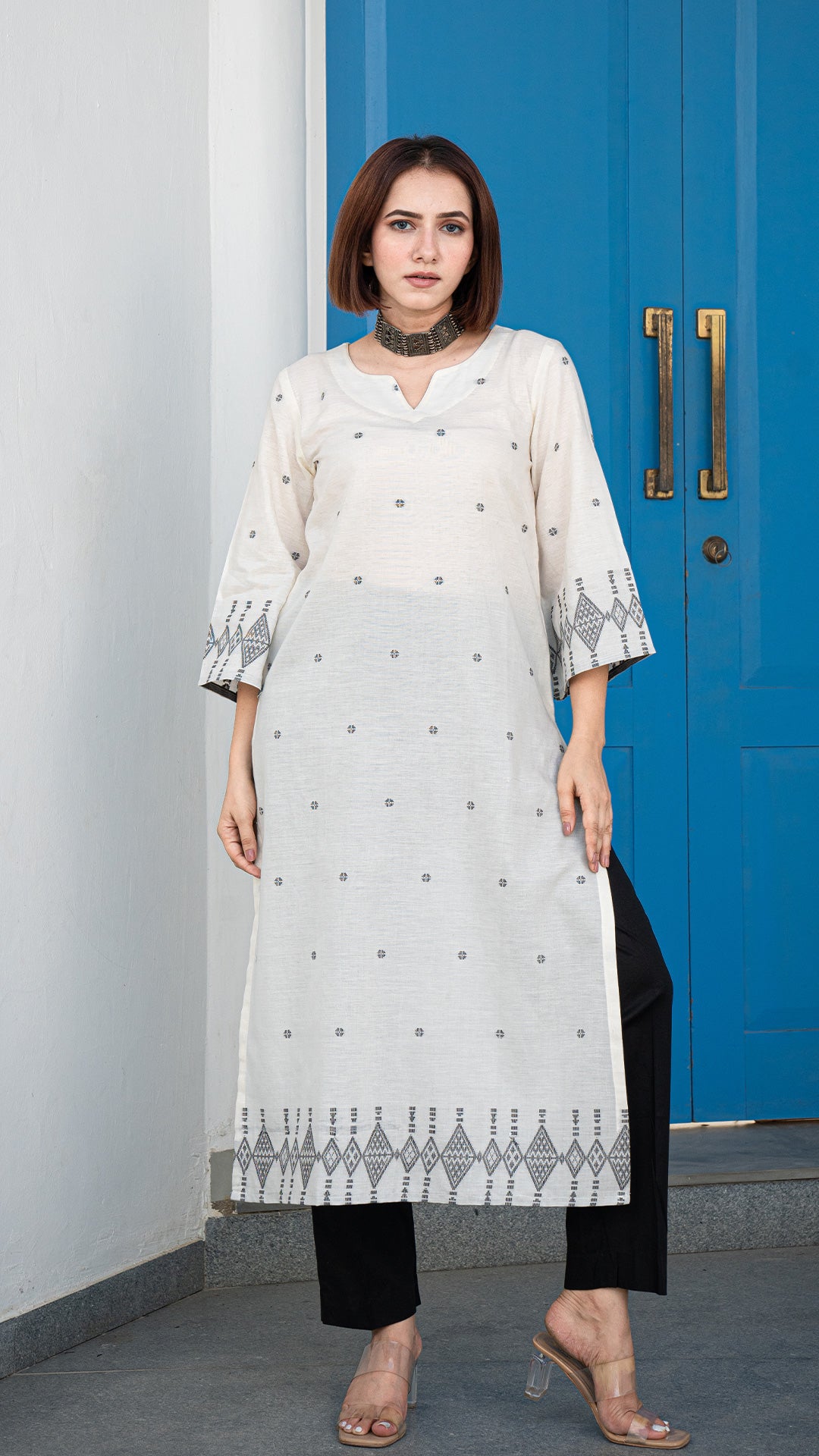 Sania Hand Woven Cotton Kurta - White/Black