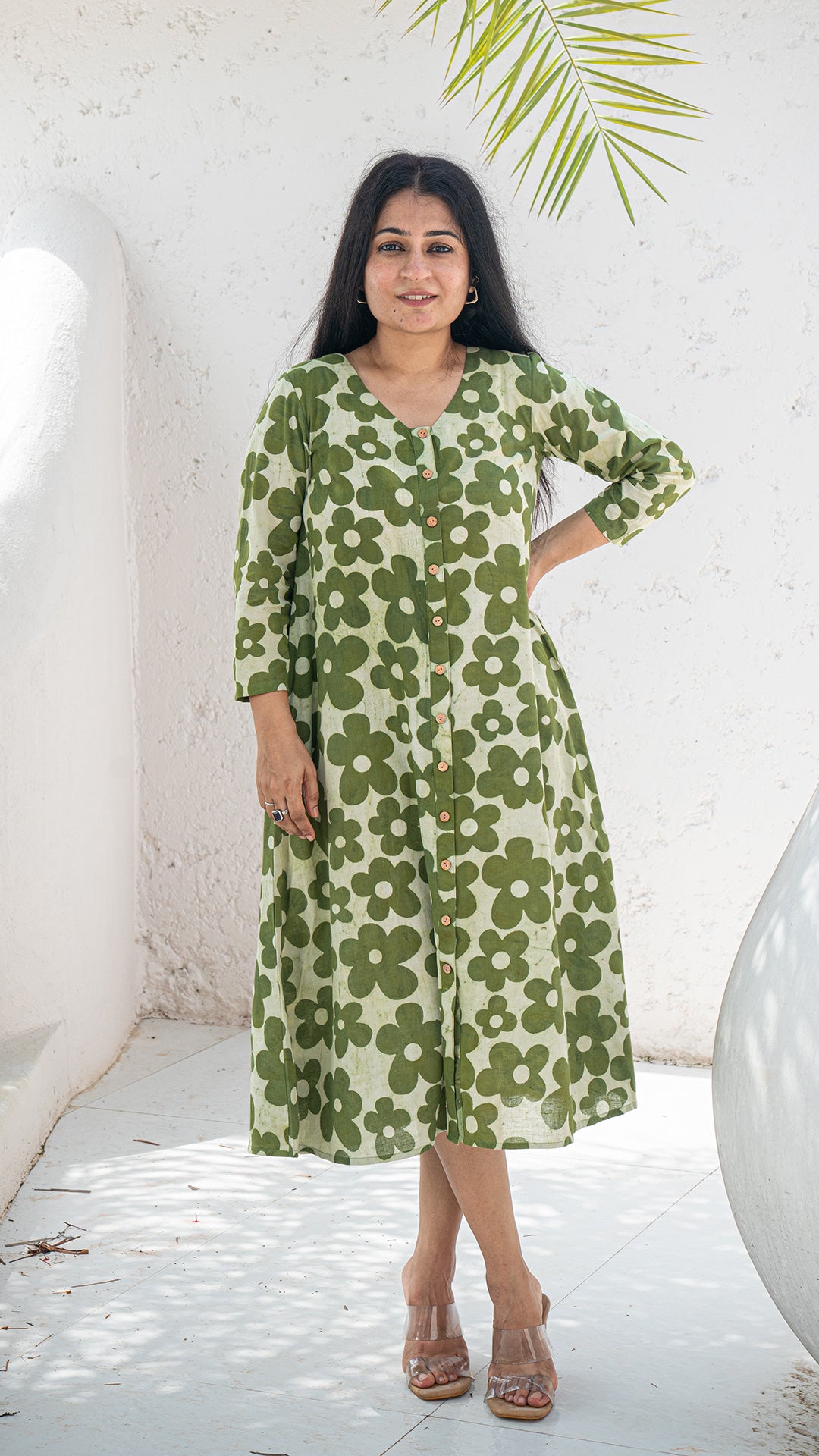 Roza Floral Hand Block Cotton Dress - Green