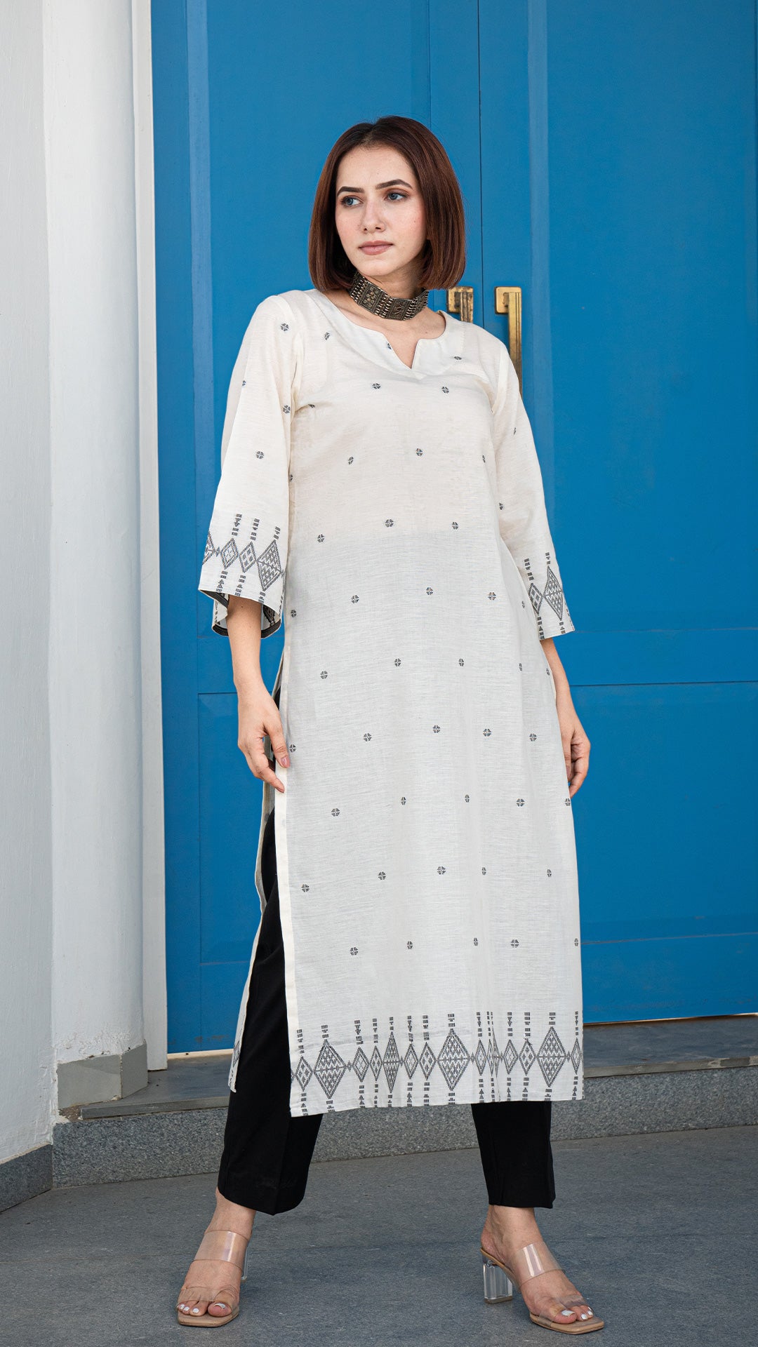 Sania Hand Woven Cotton Kurta - White/Black