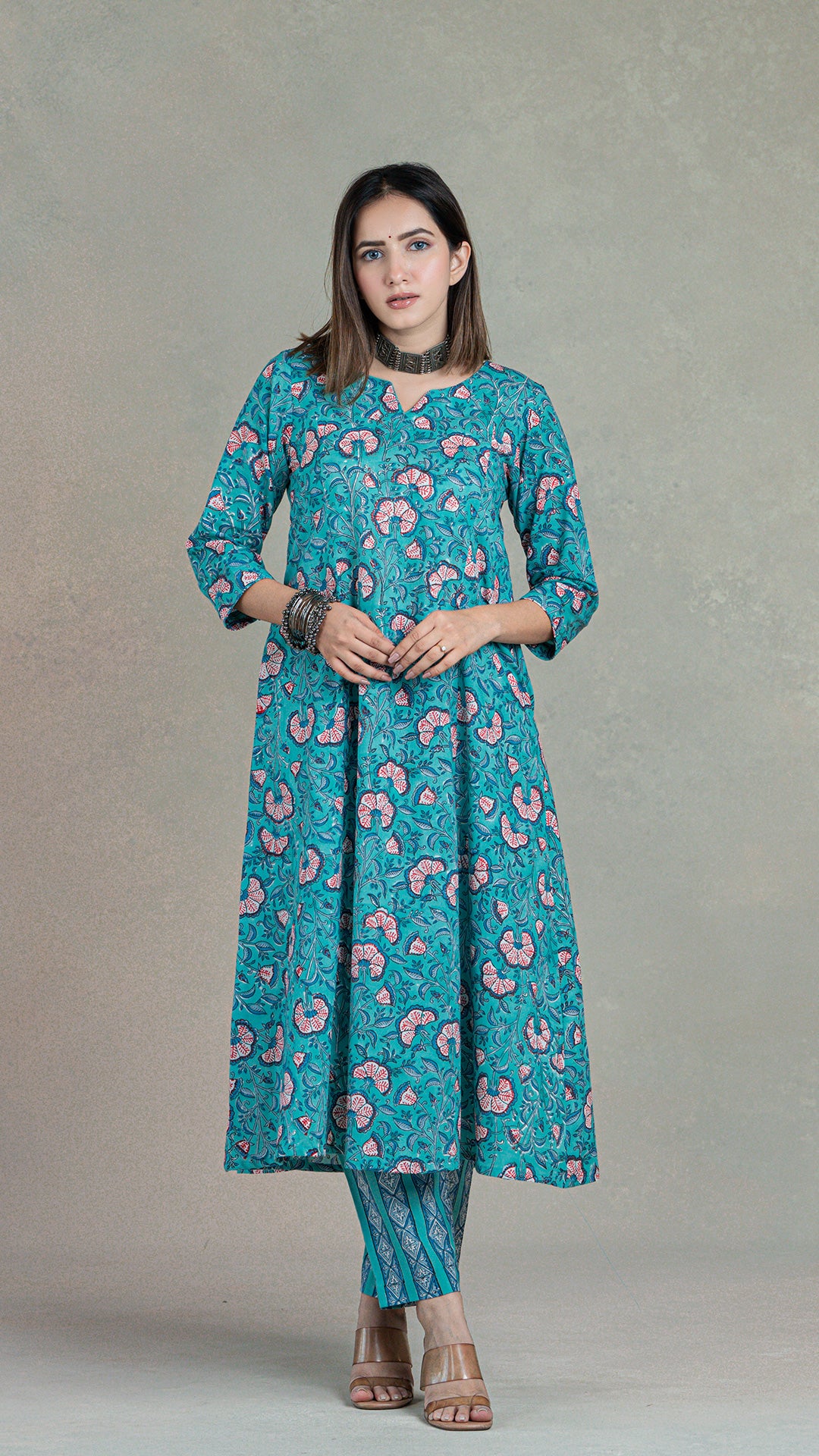 Anshi Sanganeri Hand Block Kali Cotton Kurta - Turquoise