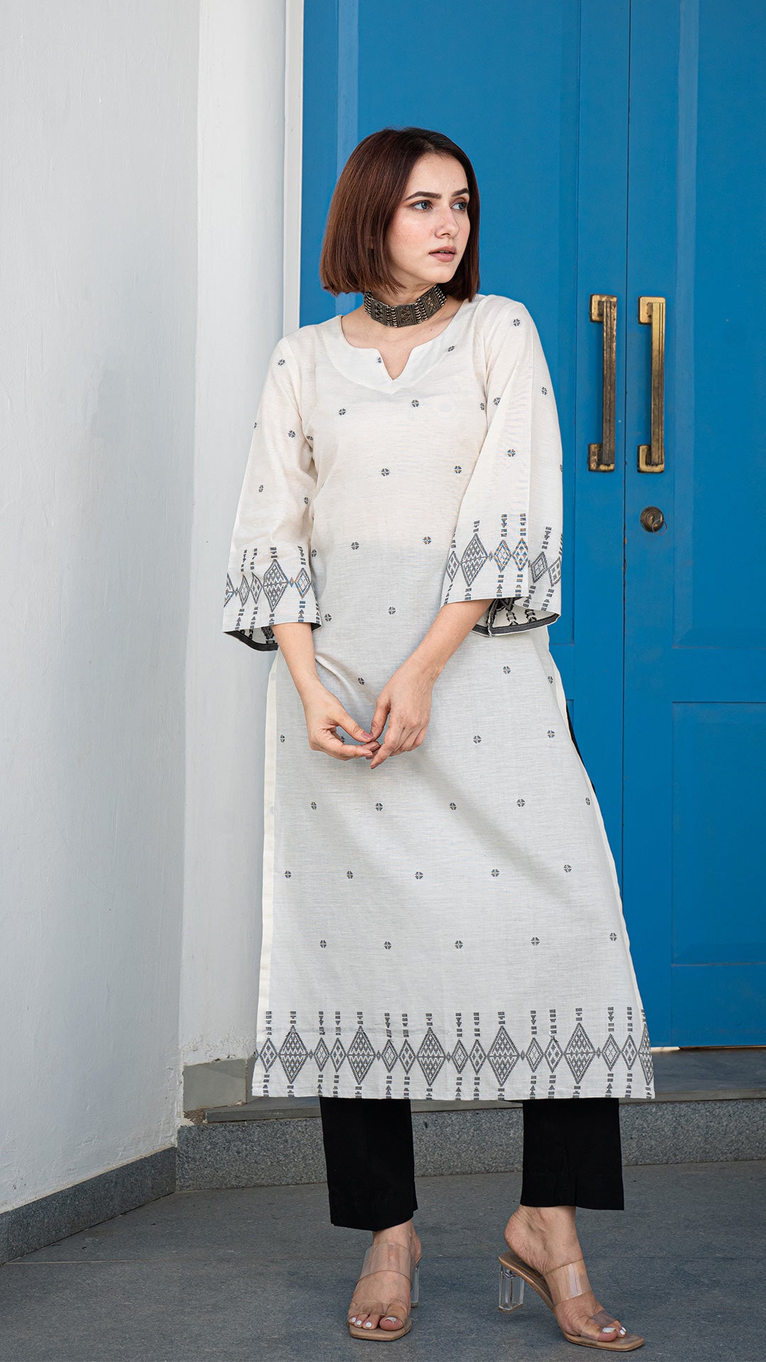 Sania Hand Woven Cotton Kurta - White/Black