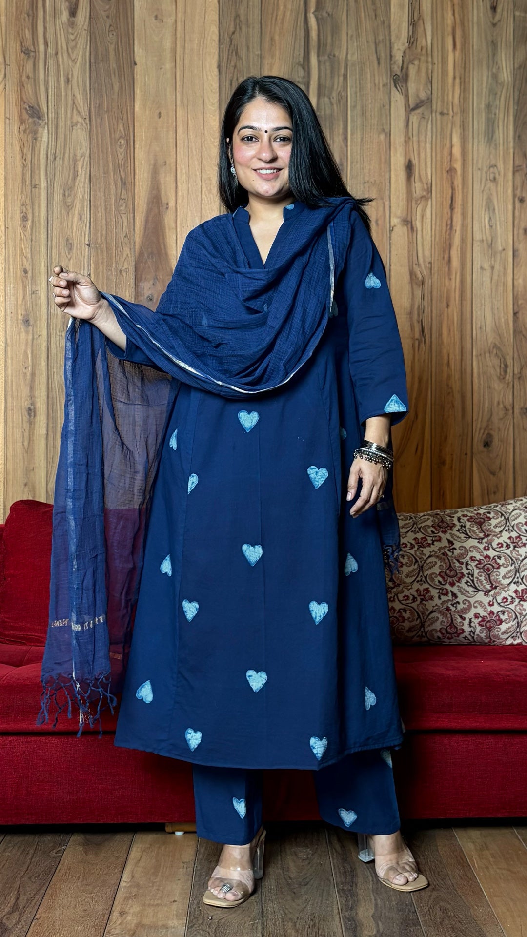 Nyra Big Hearts Kali Kurta In Cotton - Indigo