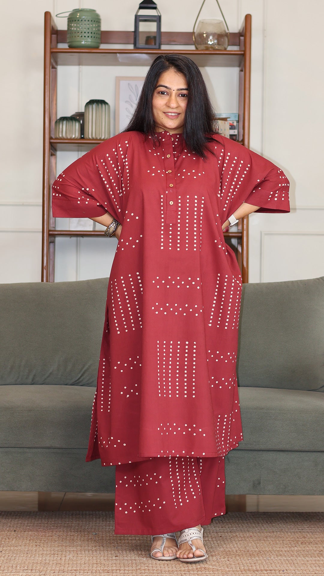 Garima Hand Block Cotton Kaftan Co-ord - Red