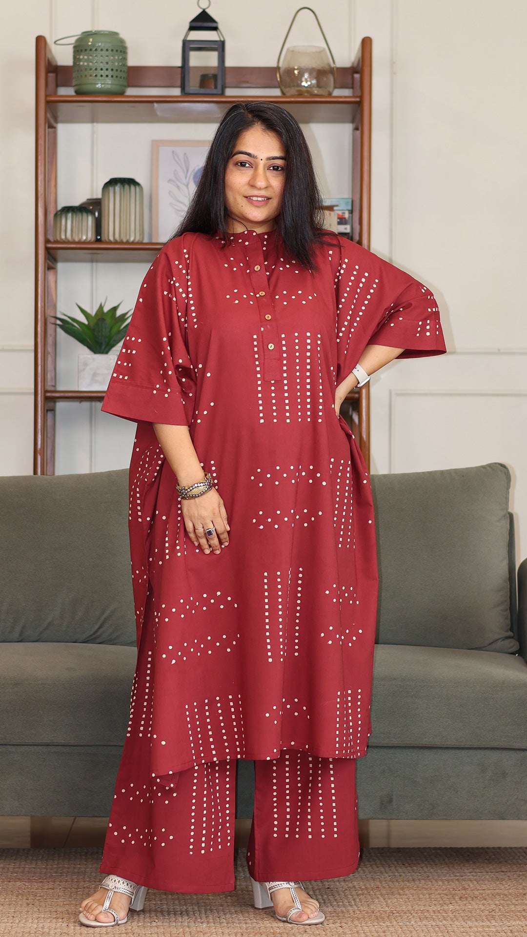 Garima Hand Block Cotton Kaftan Co-ord - Red