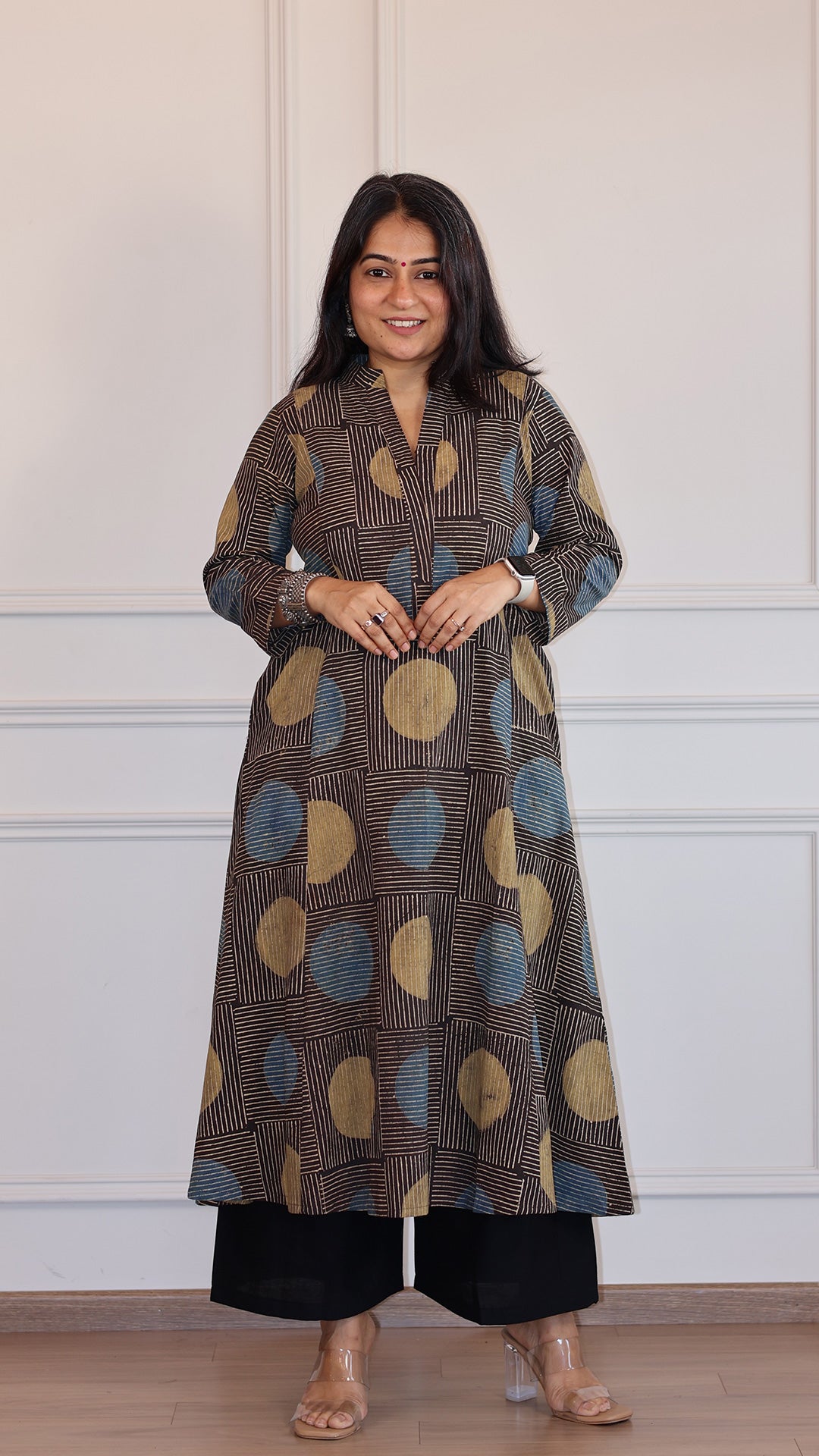 Peenal Polka Dots Ajrakh Cotton Hand Block Kurta- Charcoal