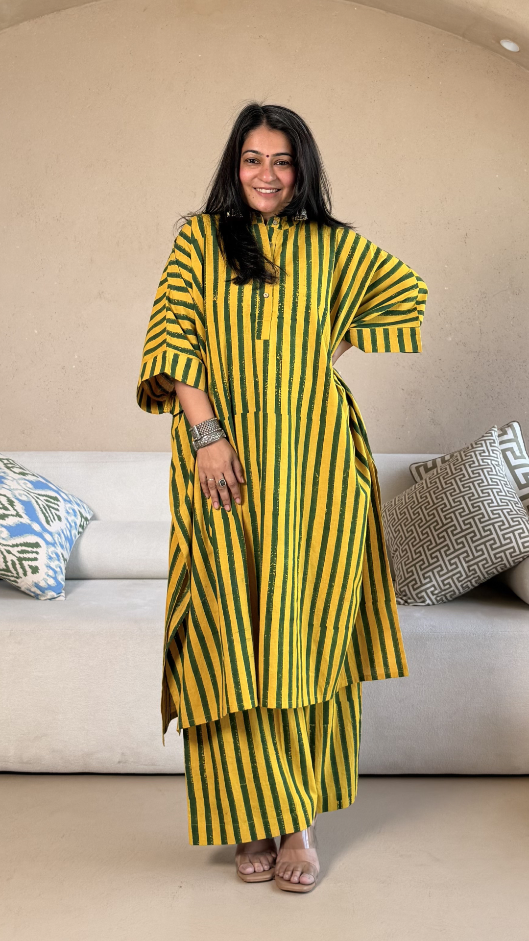 Joe Ajrakh Cotton Kaftan Co-ord - Yellow/Green