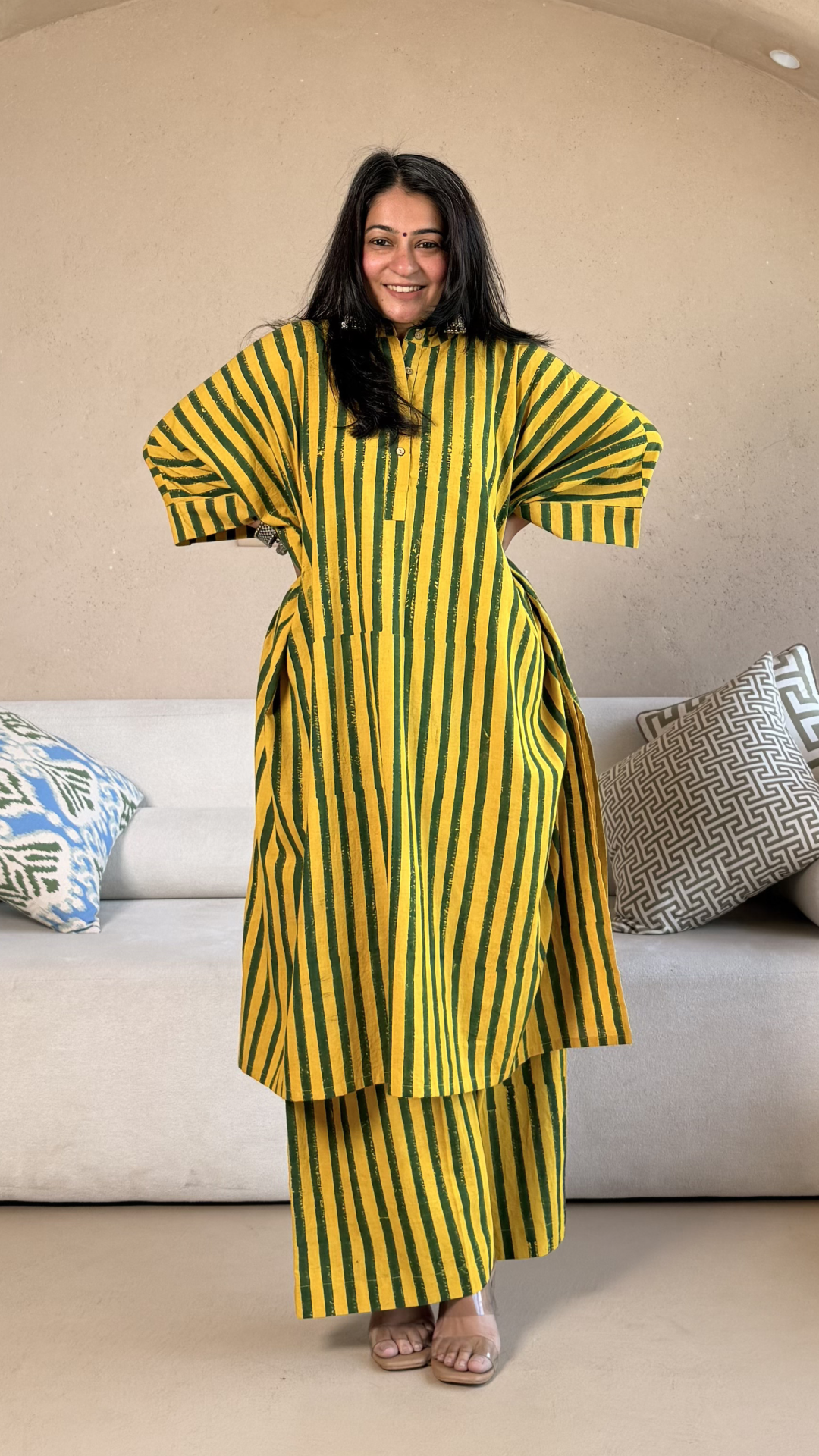 Joe Ajrakh Cotton Kaftan Co-ord - Yellow/Green