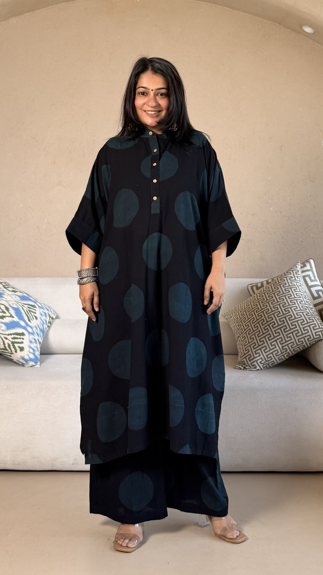 Indigo/Black Polka Dots Ajrakh Cotton Kaftan Co-ord