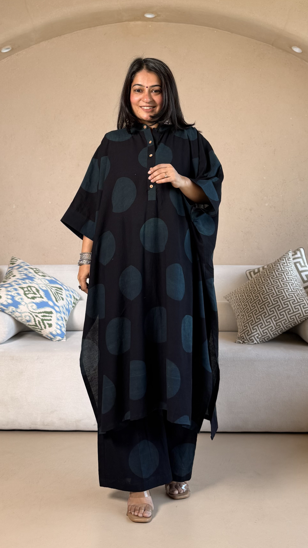 Indigo/Black Polka Dots Ajrakh Cotton Kaftan Co-ord