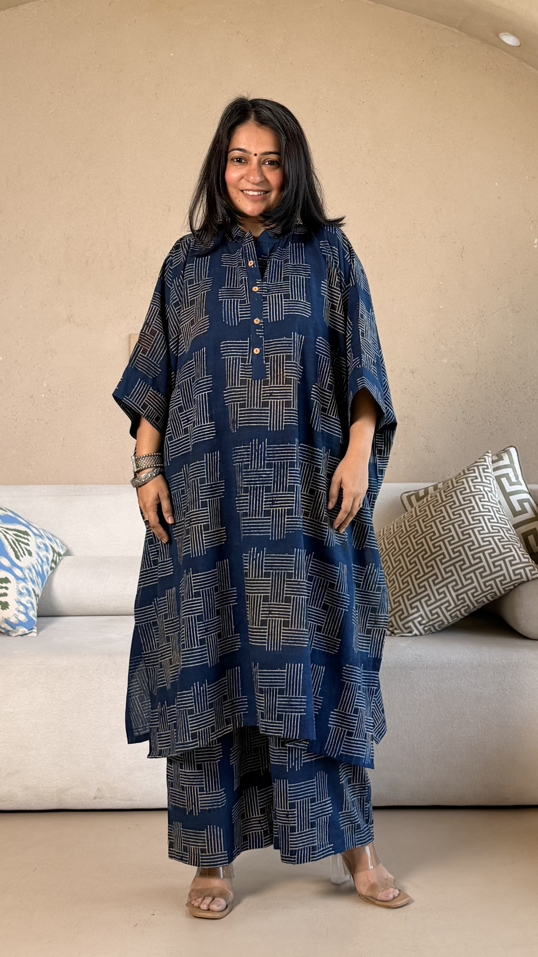 Jessica Ajrakh Cotton Kaftan Co-ord - Indigo