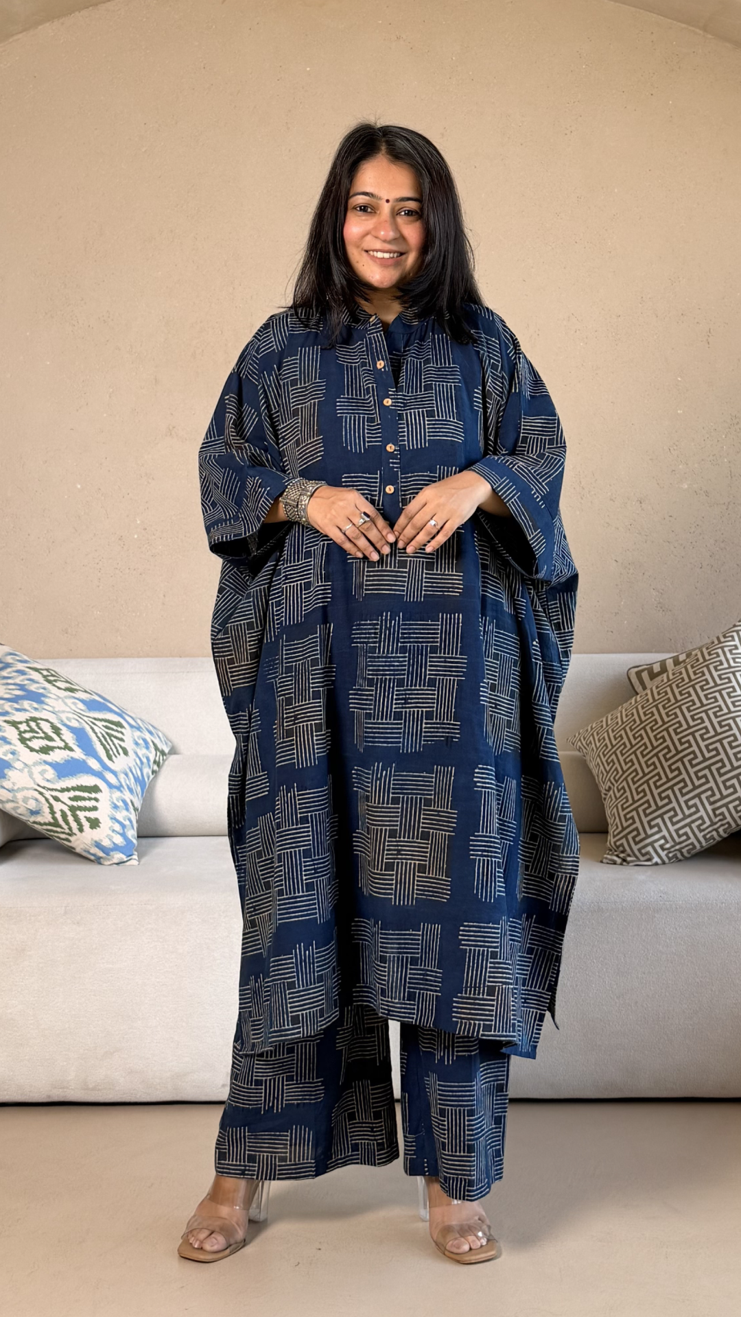 Jessica Ajrakh Cotton Kaftan Co-ord - Indigo