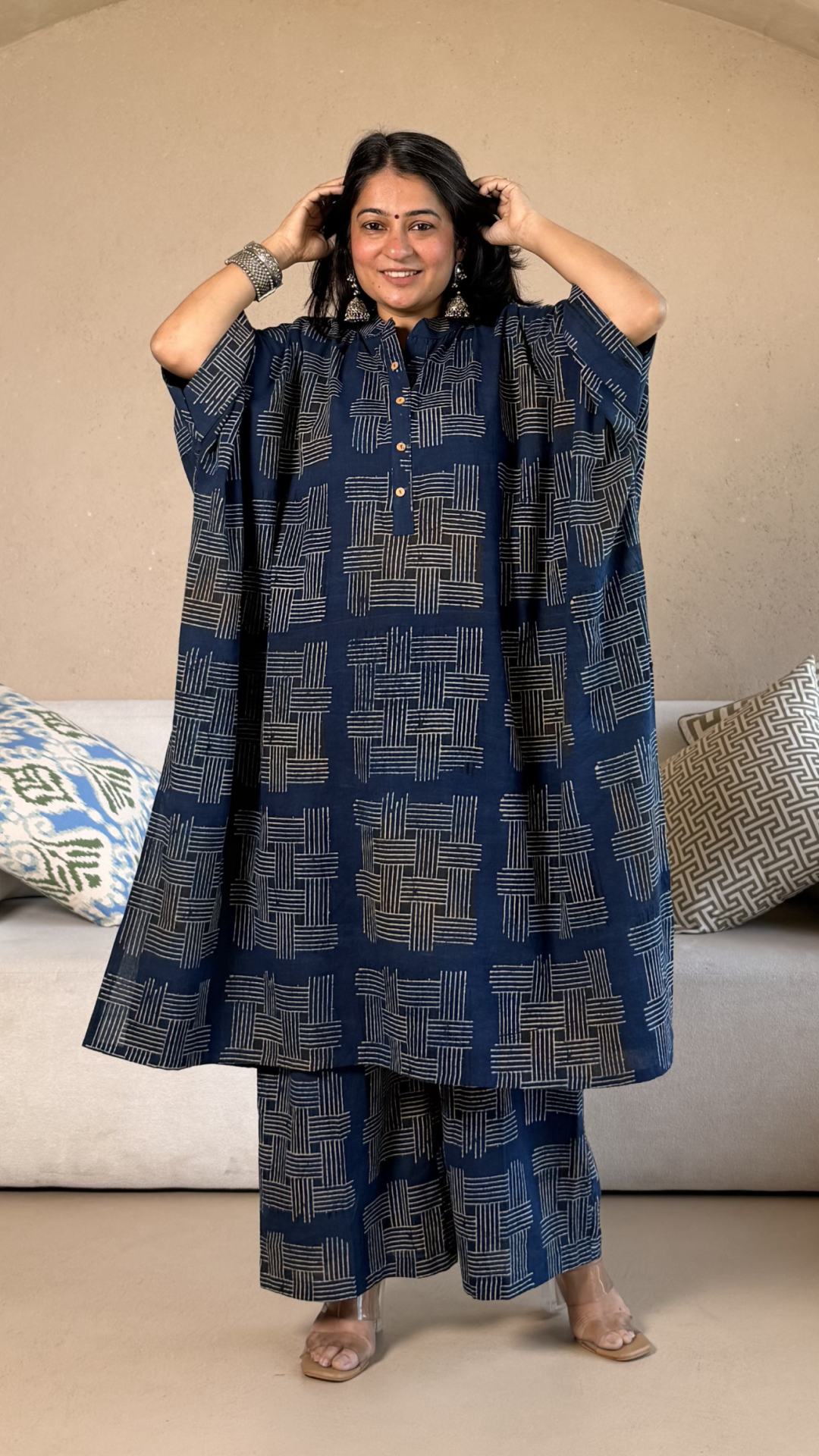 Jessica Ajrakh Cotton Kaftan Co-ord - Indigo