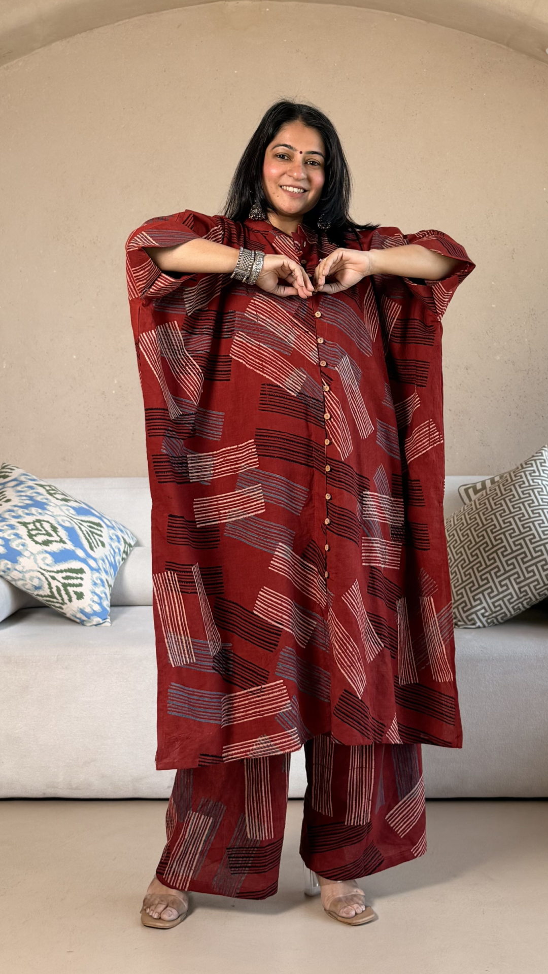 Clare Ajrakh Cotton Kaftan Co-ord - Red