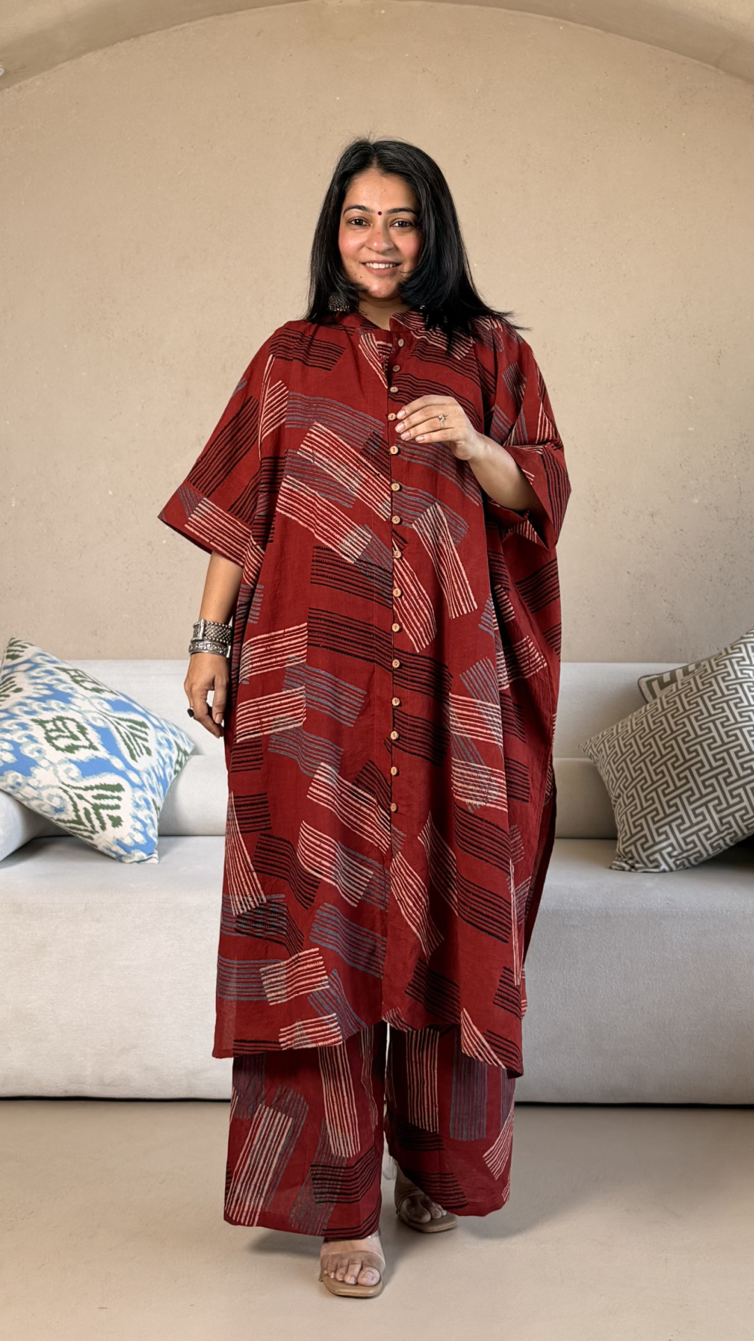 Clare Ajrakh Cotton Kaftan Co-ord - Red