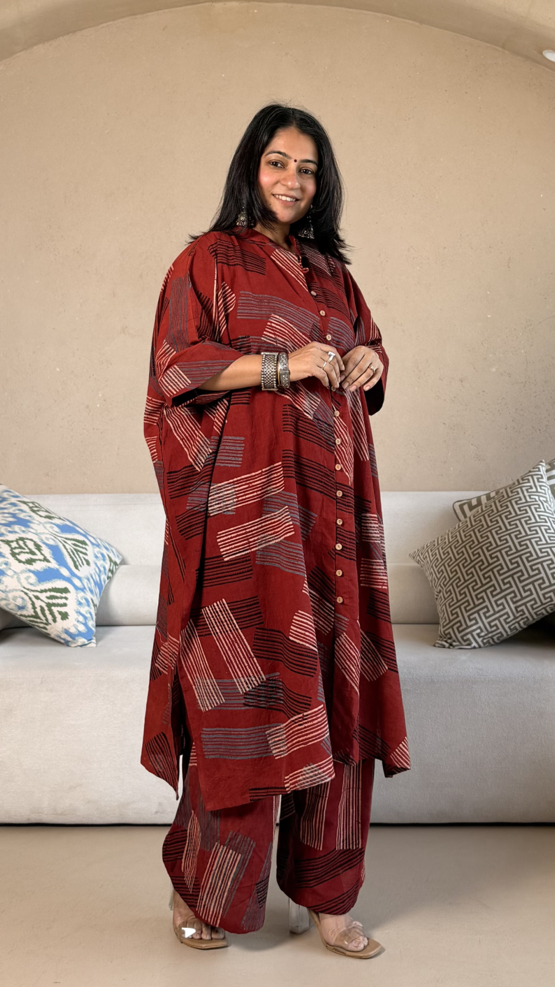 Clare Ajrakh Cotton Kaftan Co-ord - Red