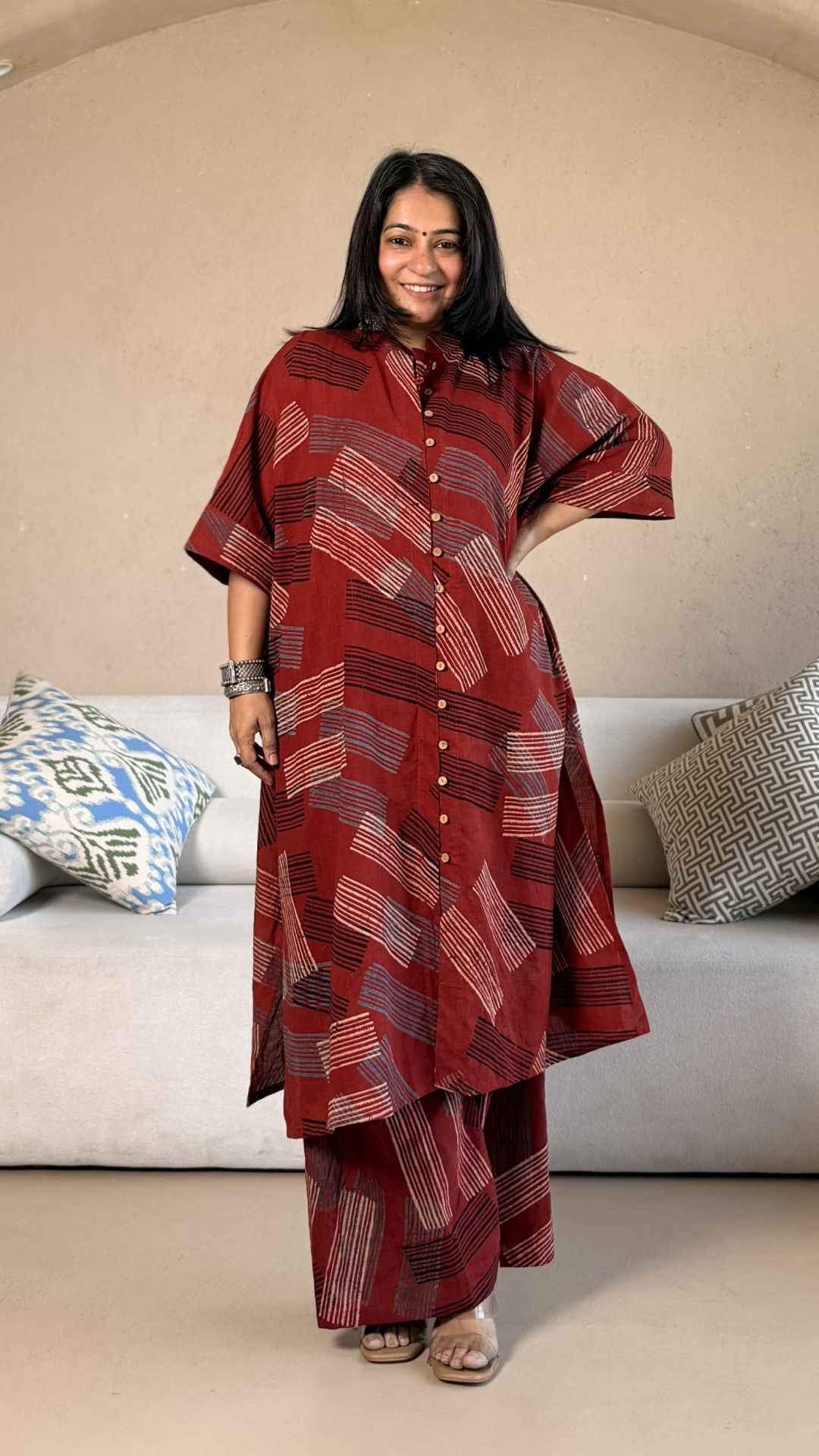Clare Ajrakh Cotton Kaftan Co-ord - Red