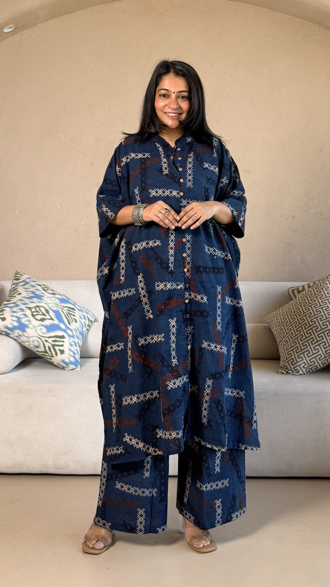March Ajrakh Cotton Kaftan Co-ord - Indigo