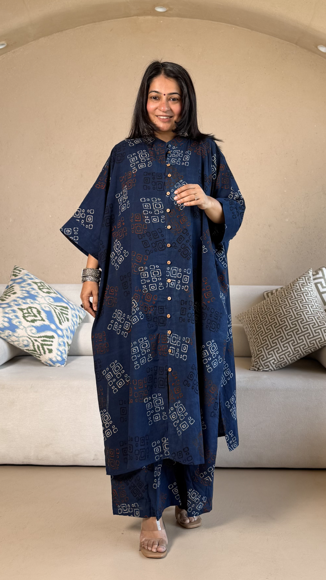 Susie Ajrakh Cotton Kaftan Co-ord - Indigo