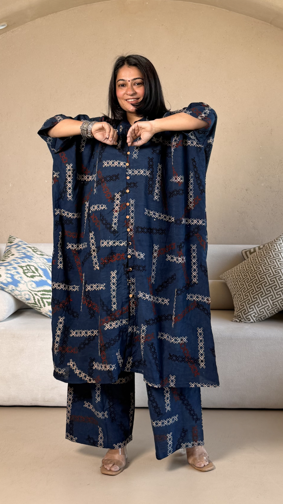 March Ajrakh Cotton Kaftan Co-ord - Indigo