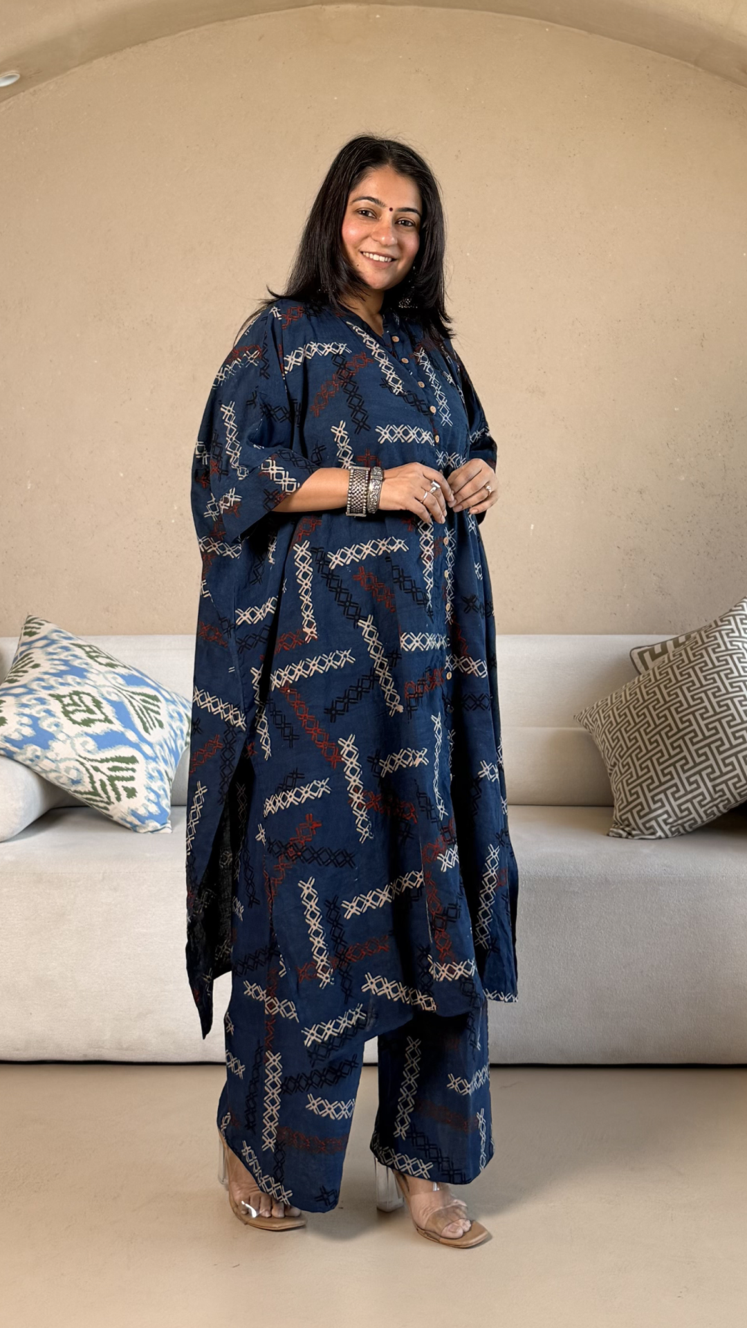 March Ajrakh Cotton Kaftan Co-ord - Indigo
