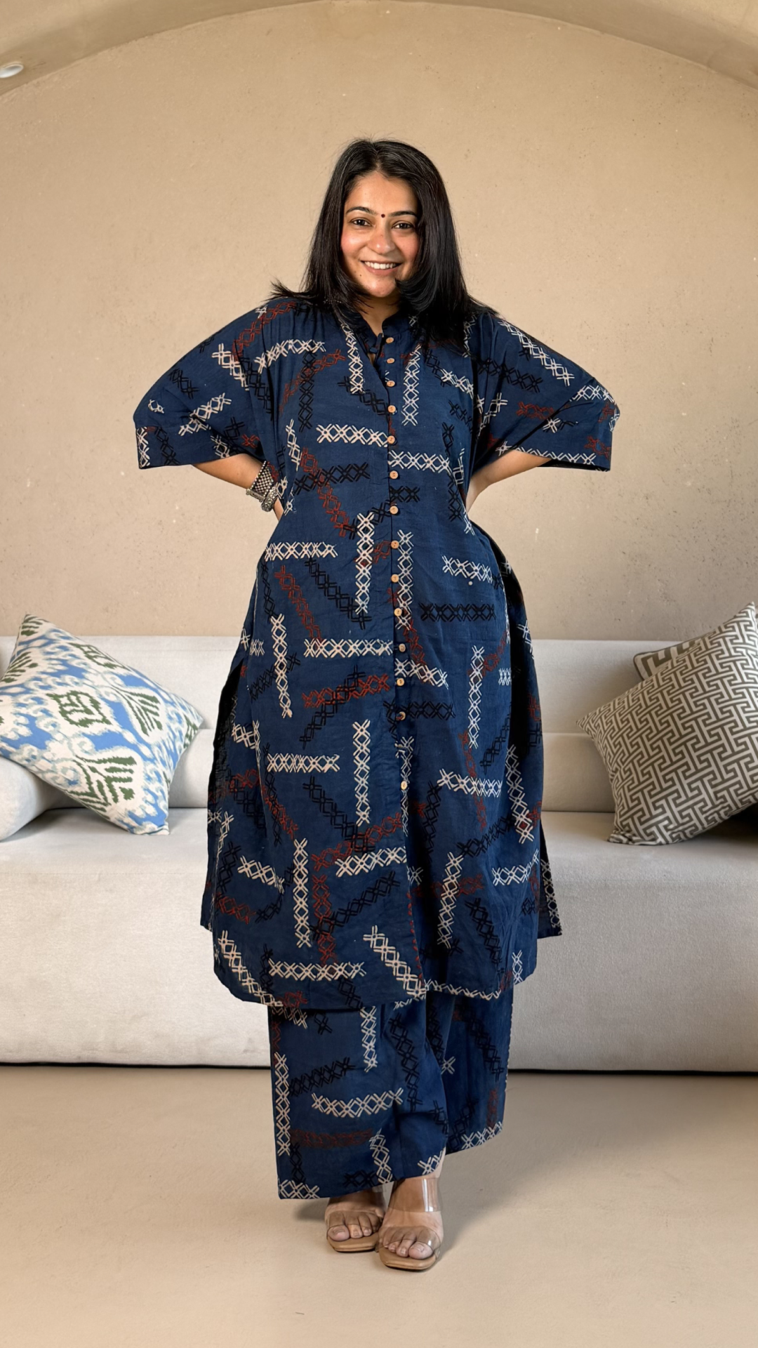 March Ajrakh Cotton Kaftan Co-ord - Indigo