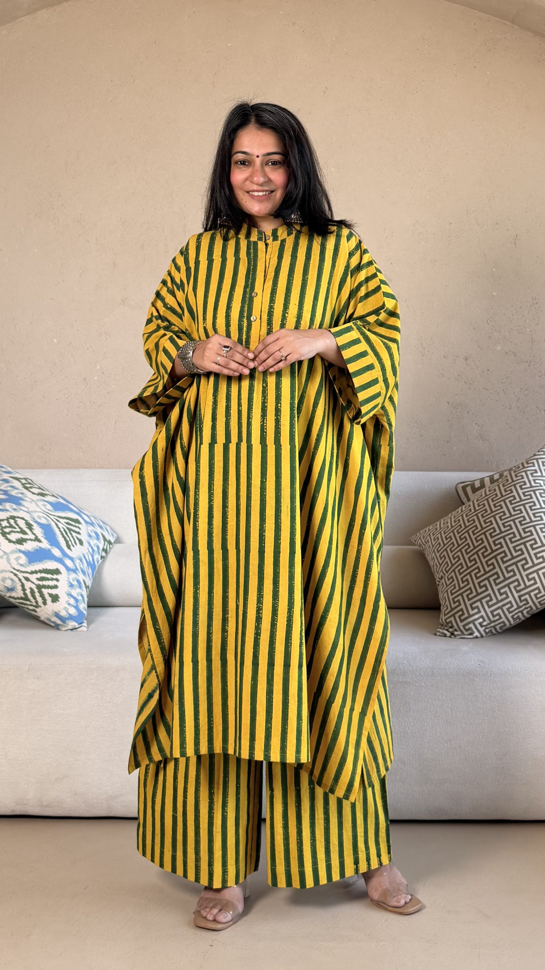 Joe Ajrakh Cotton Kaftan Co-ord - Yellow/Green