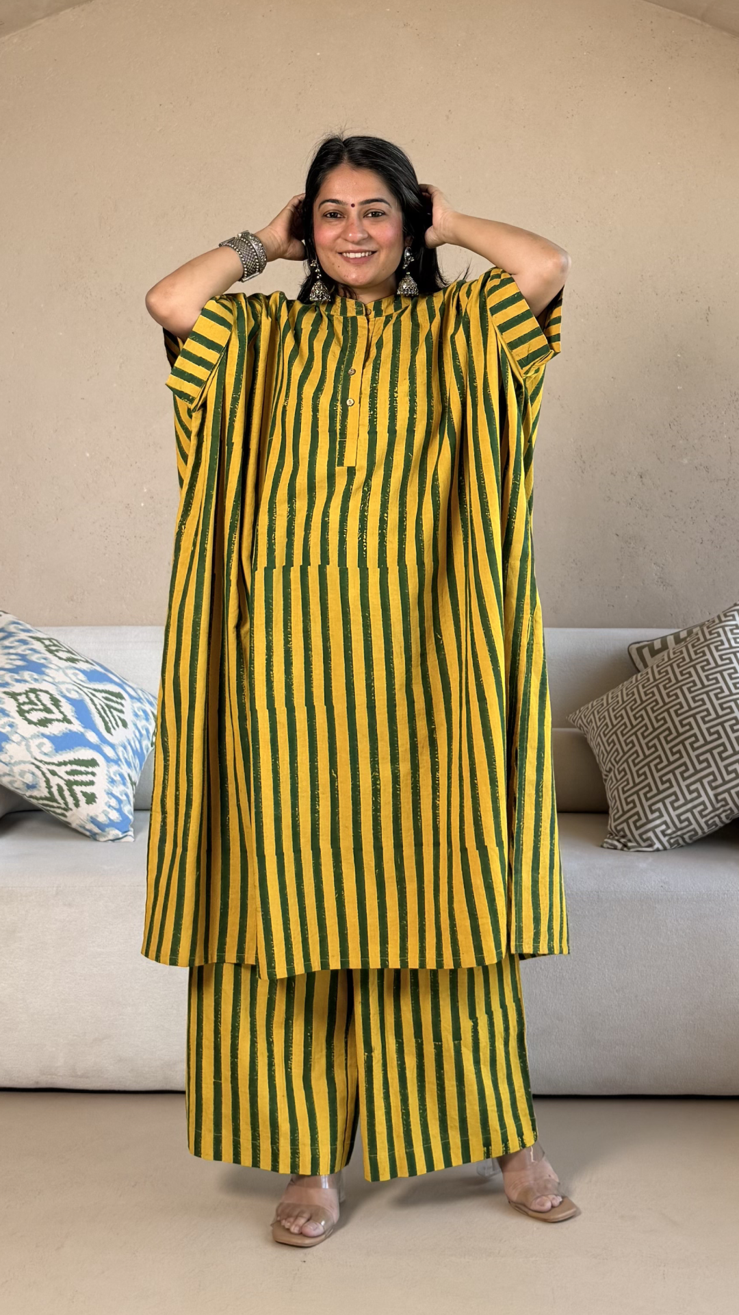 Joe Ajrakh Cotton Kaftan Co-ord - Yellow/Green