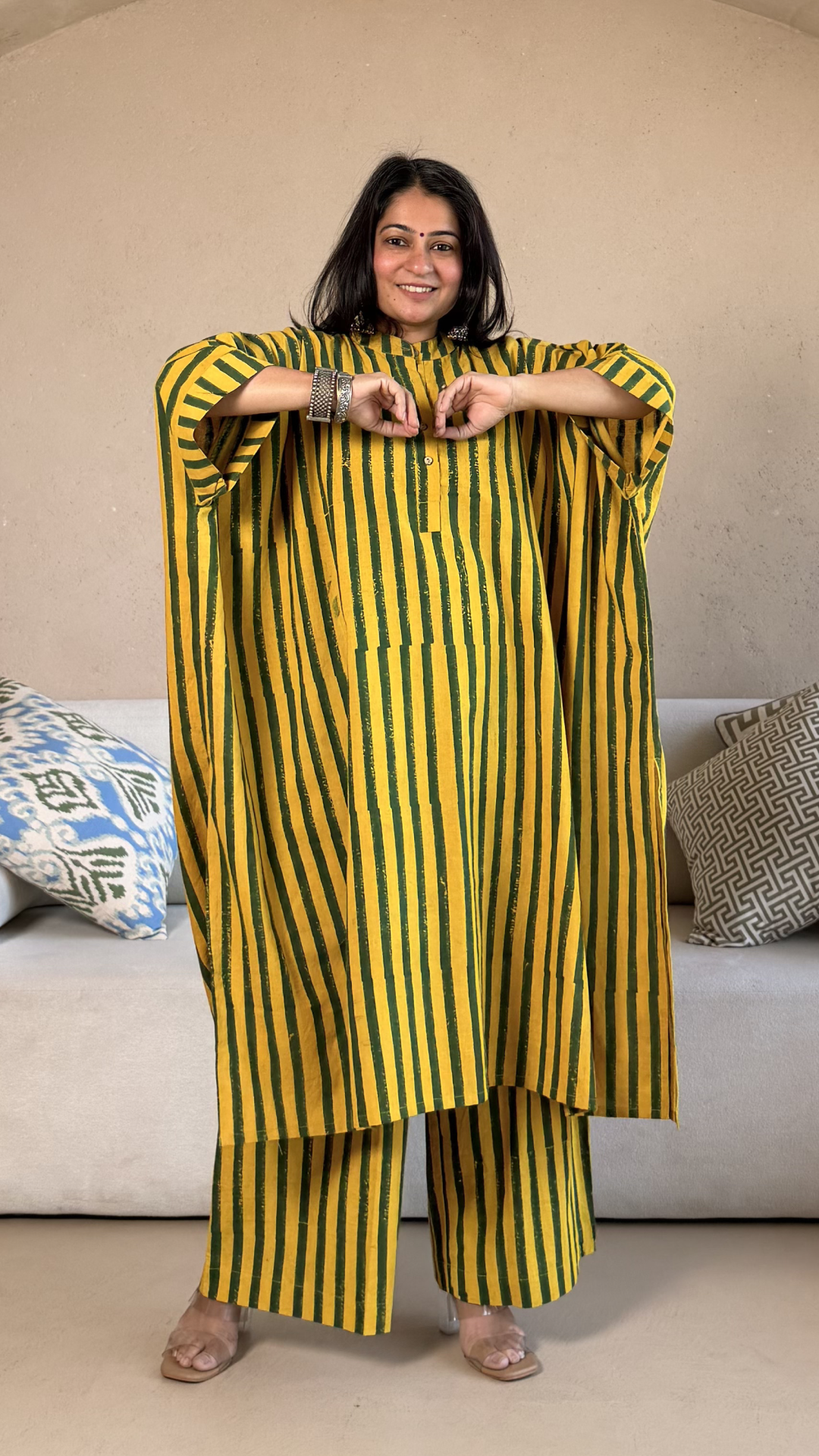 Joe Ajrakh Cotton Kaftan Co-ord - Yellow/Green