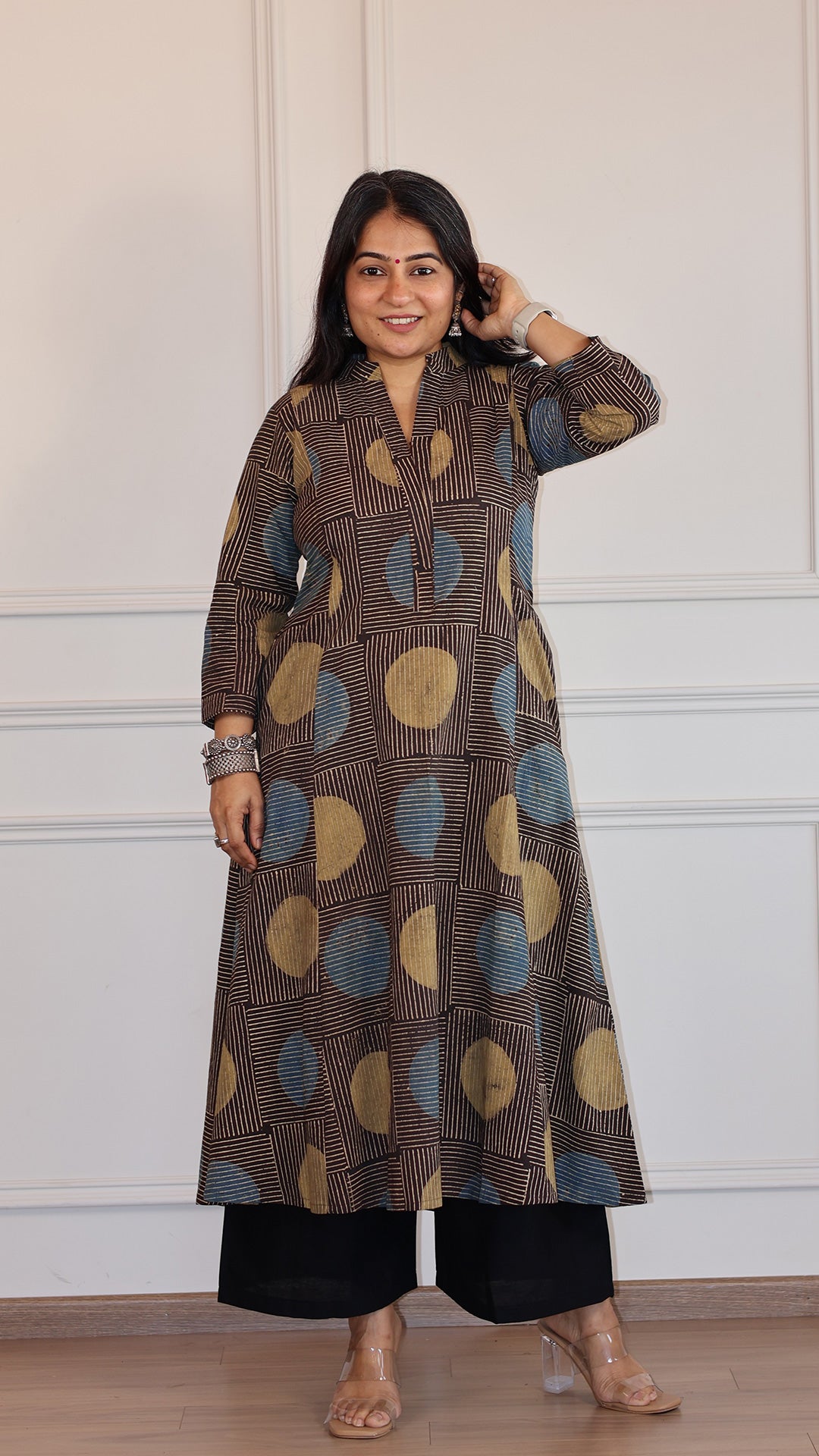 Peenal Polka Dots Ajrakh Cotton Hand Block Kurta- Charcoal