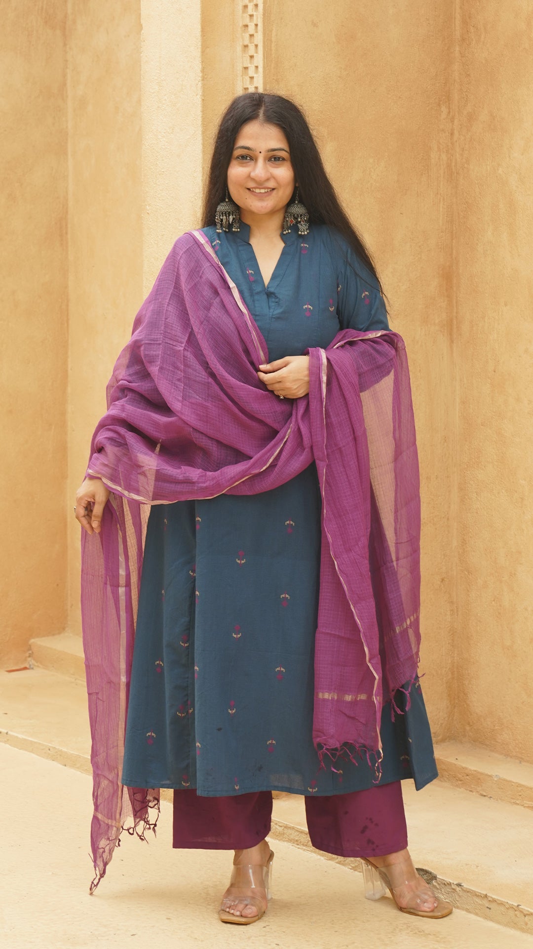 Kshiti Flower Motif Hand Woven Kali Cotton Kurta - Blue