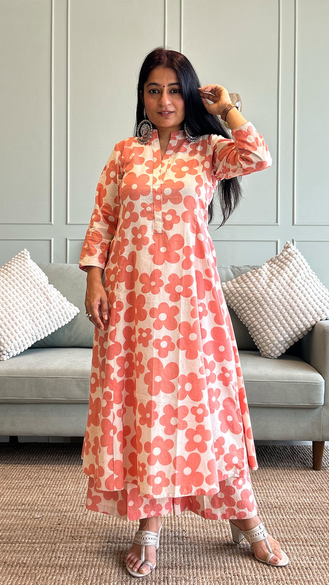 Kriva - Pink Floral Kali Kurta In Cotton