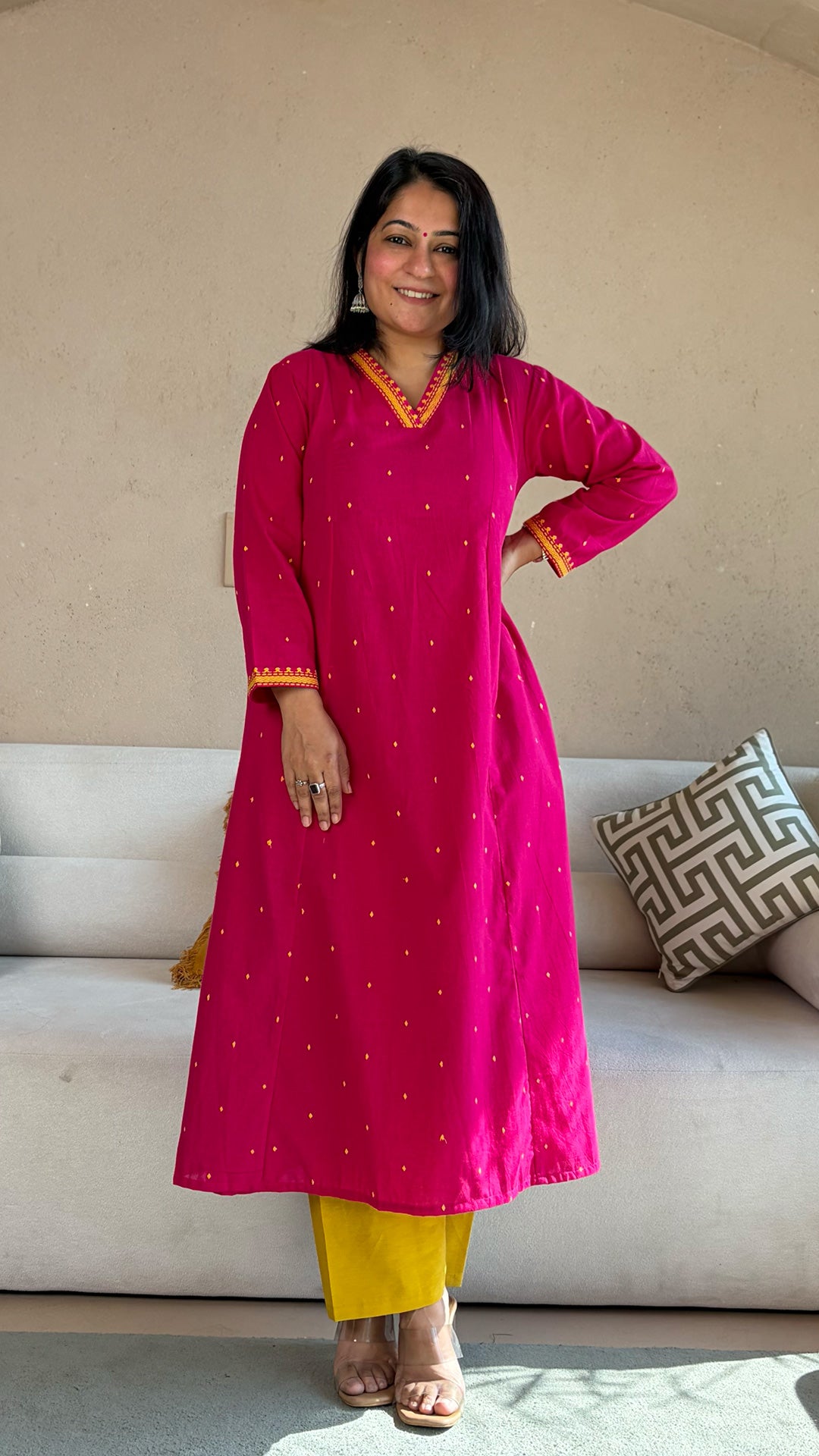 Mahira Bright Pink Hand Woven Cotton Kurta