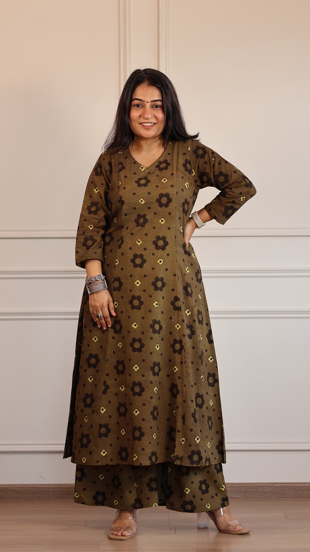 Vedashree Ajrakh Cotton Hand Block Kurta Set- Brown Floral