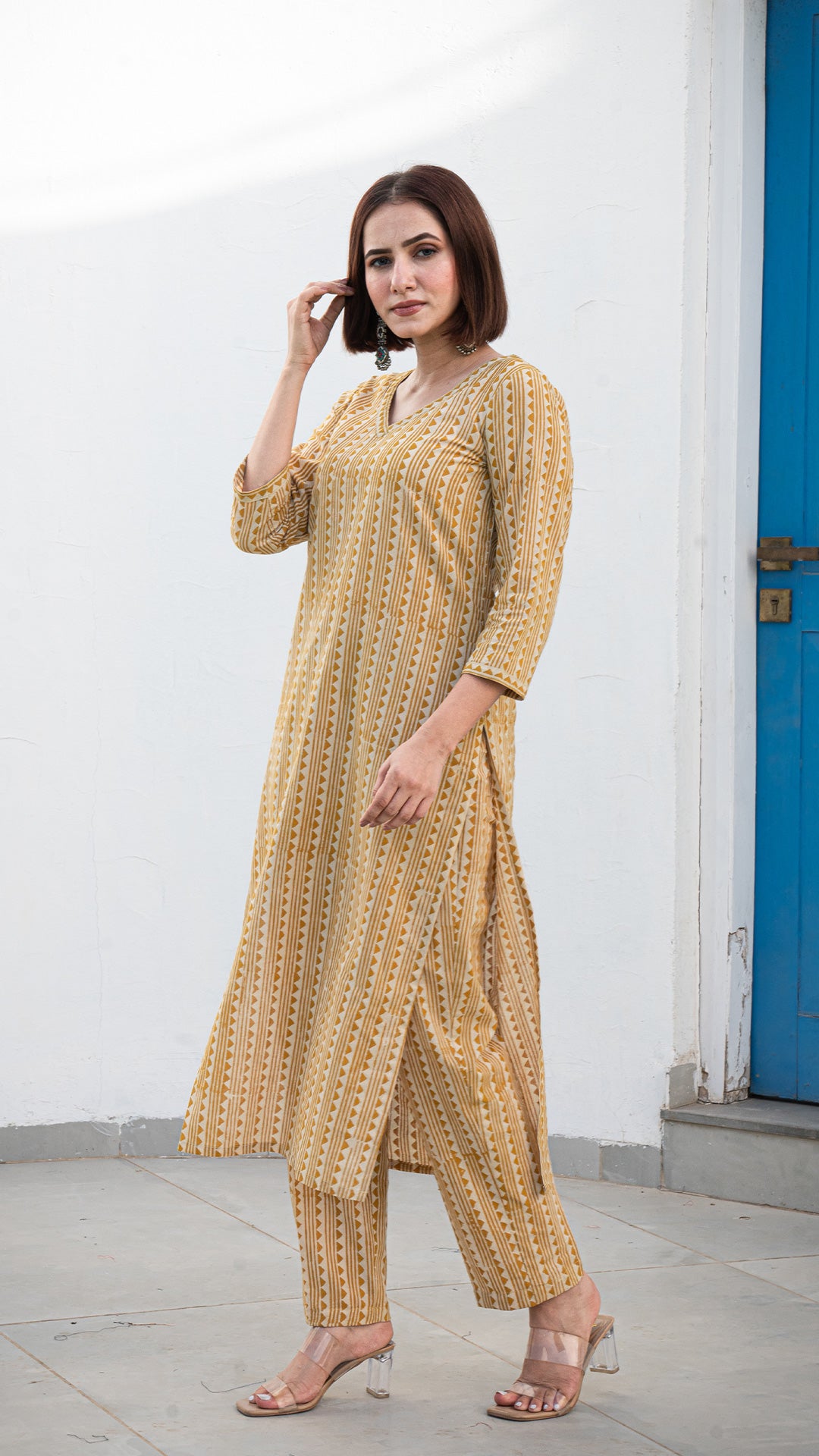 Zaiba Geometric Print Hand Block Cotton Kurta - Mustard