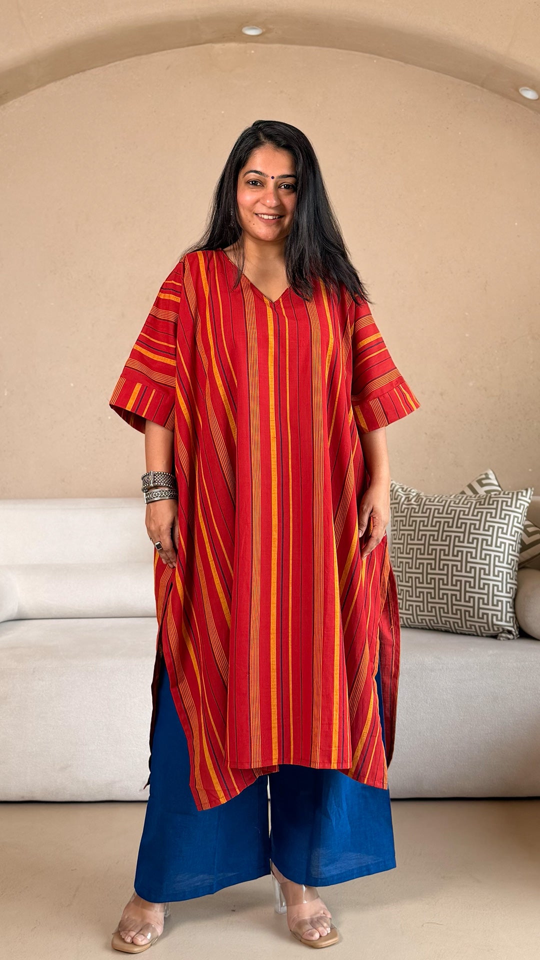 Rucha Stripes Kaftan Co-ord In Handwoven Cotton - Red