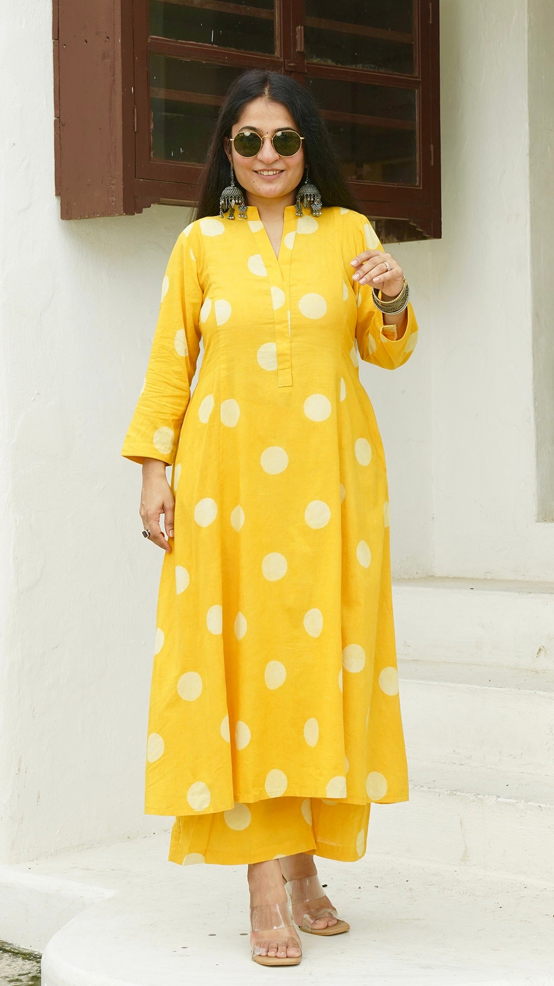 Yellow Polka Dots Kali Kurta In Cotton