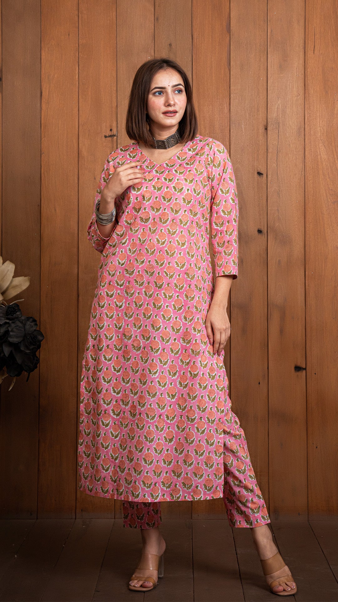 Pink-Orange Flowers Sanganeri Hand Block Cotton Kurta