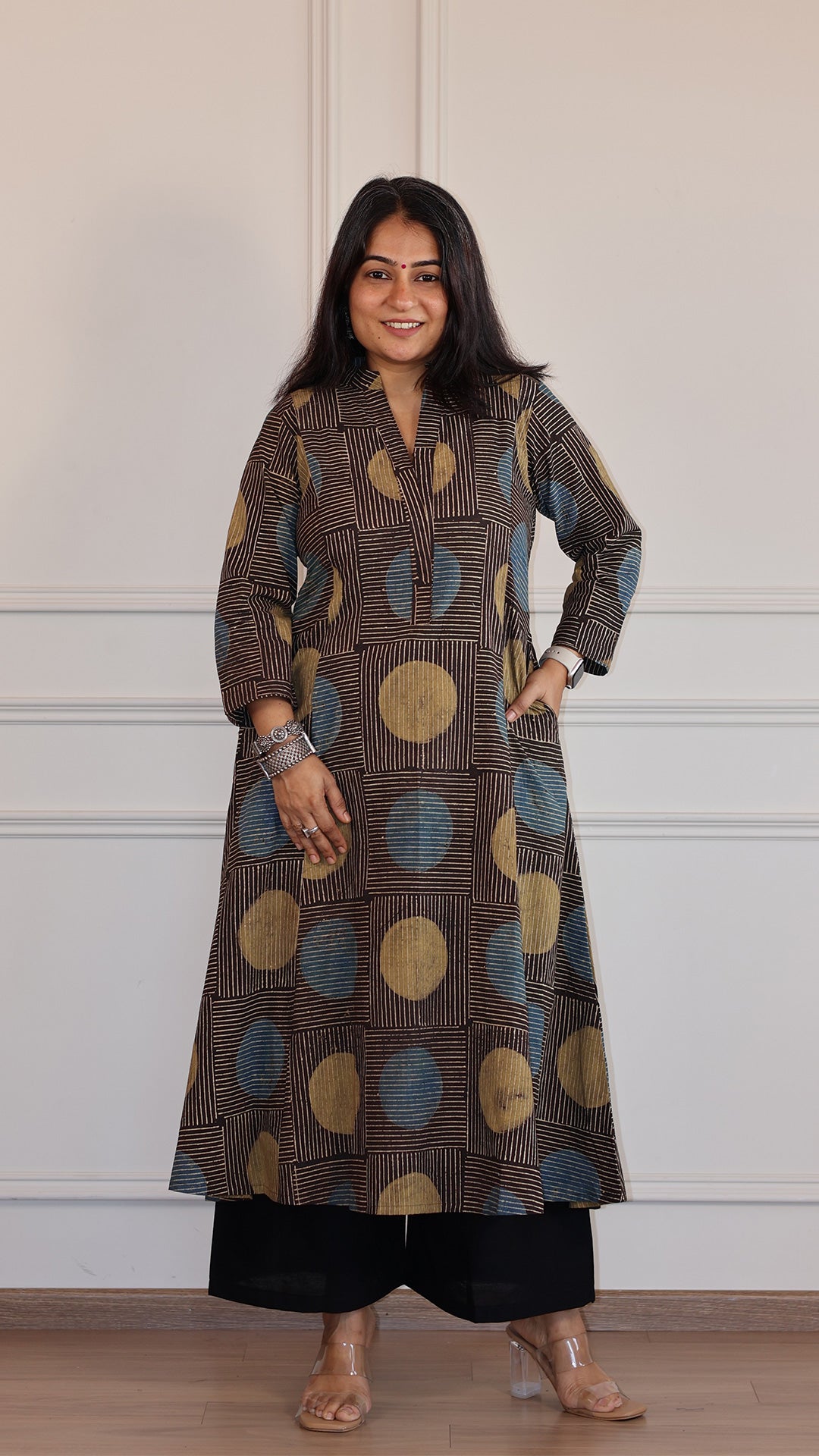 Peenal Polka Dots Ajrakh Cotton Hand Block Kurta- Charcoal