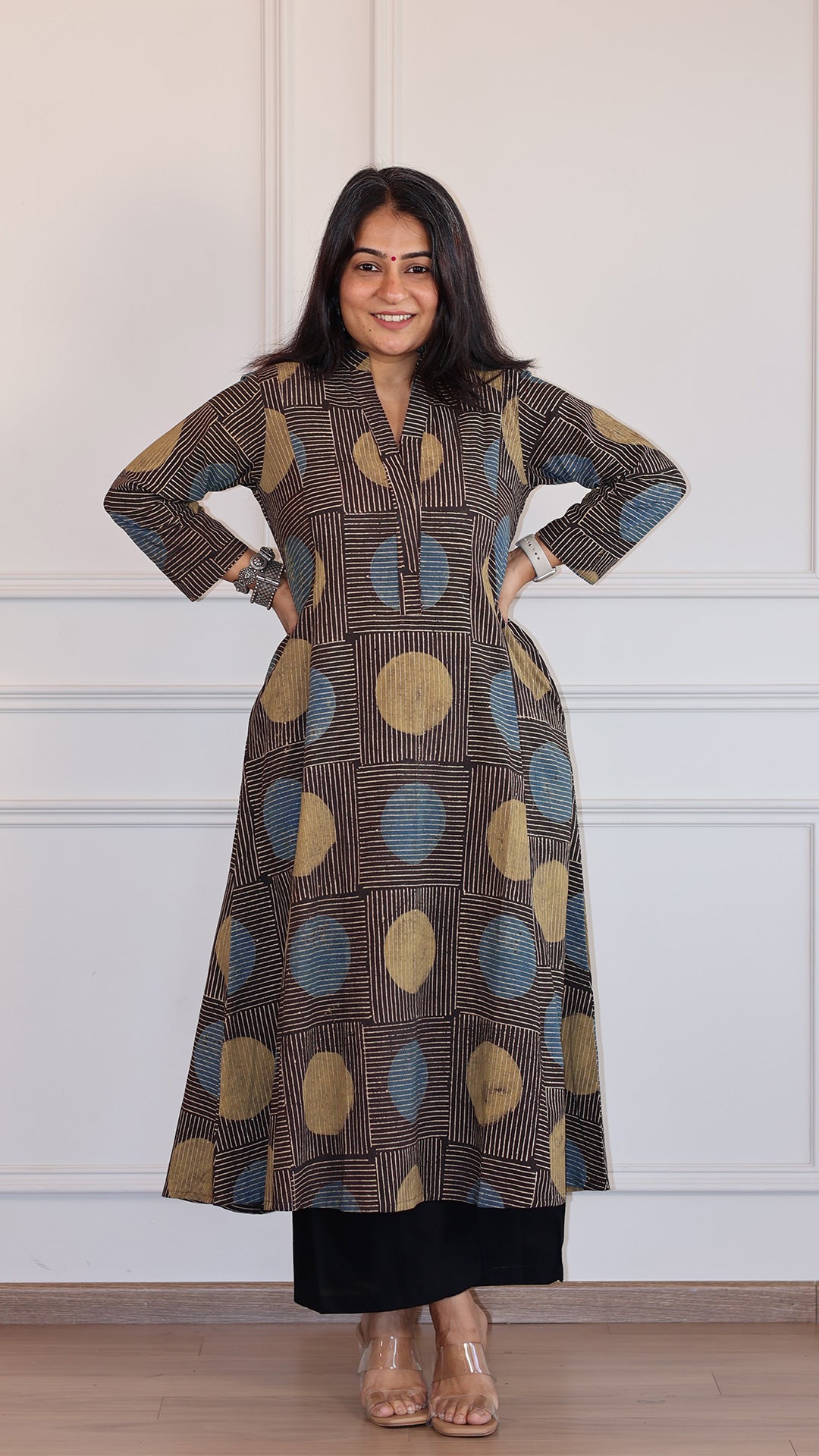 Peenal Polka Dots Ajrakh Cotton Hand Block Kurta- Charcoal