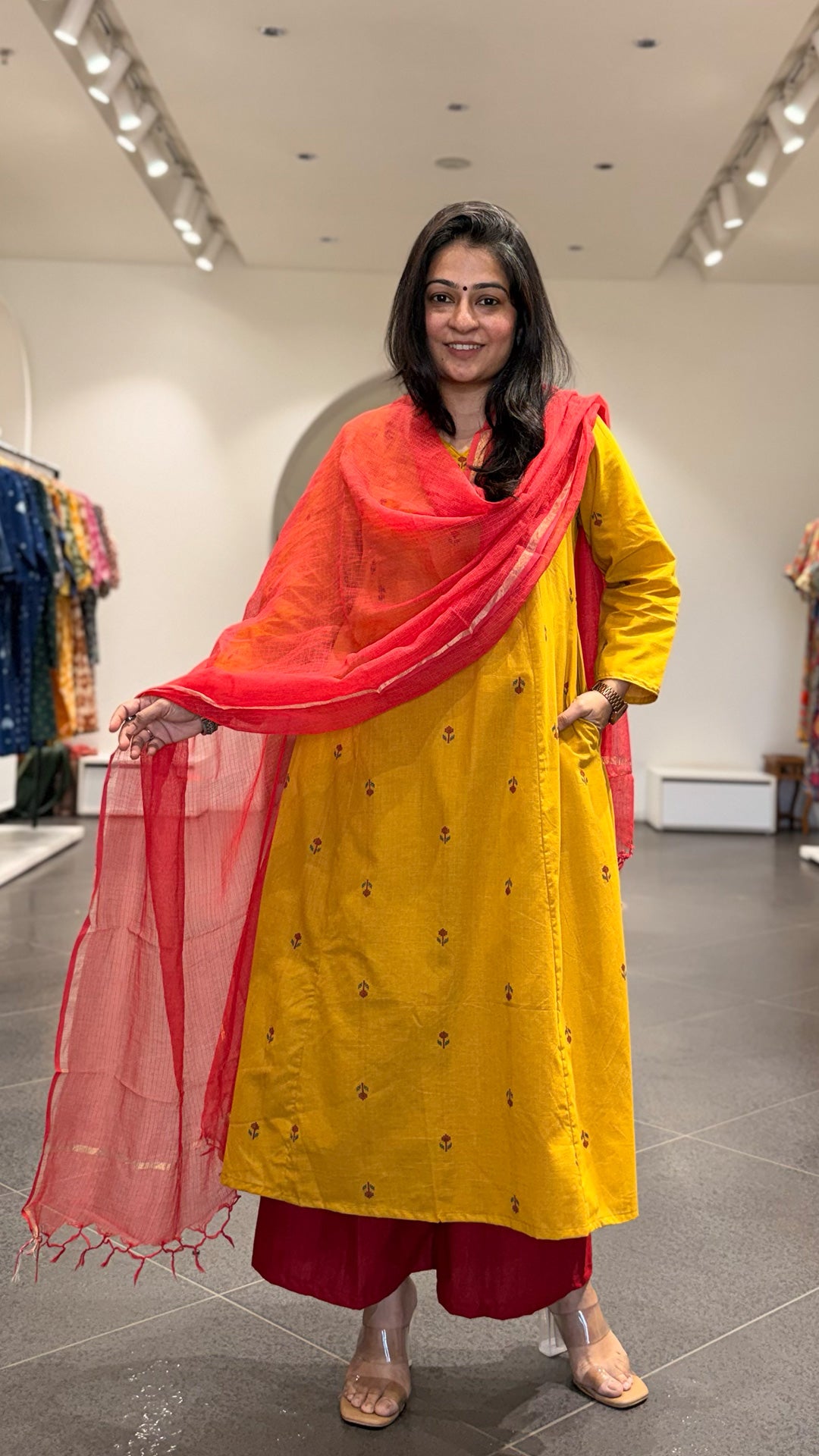 Leher Hand Woven Kali Kurta In Cotton - Yellow