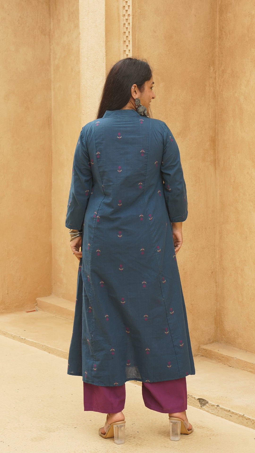 Kshiti Flower Motif Hand Woven Kali Cotton Kurta - Blue