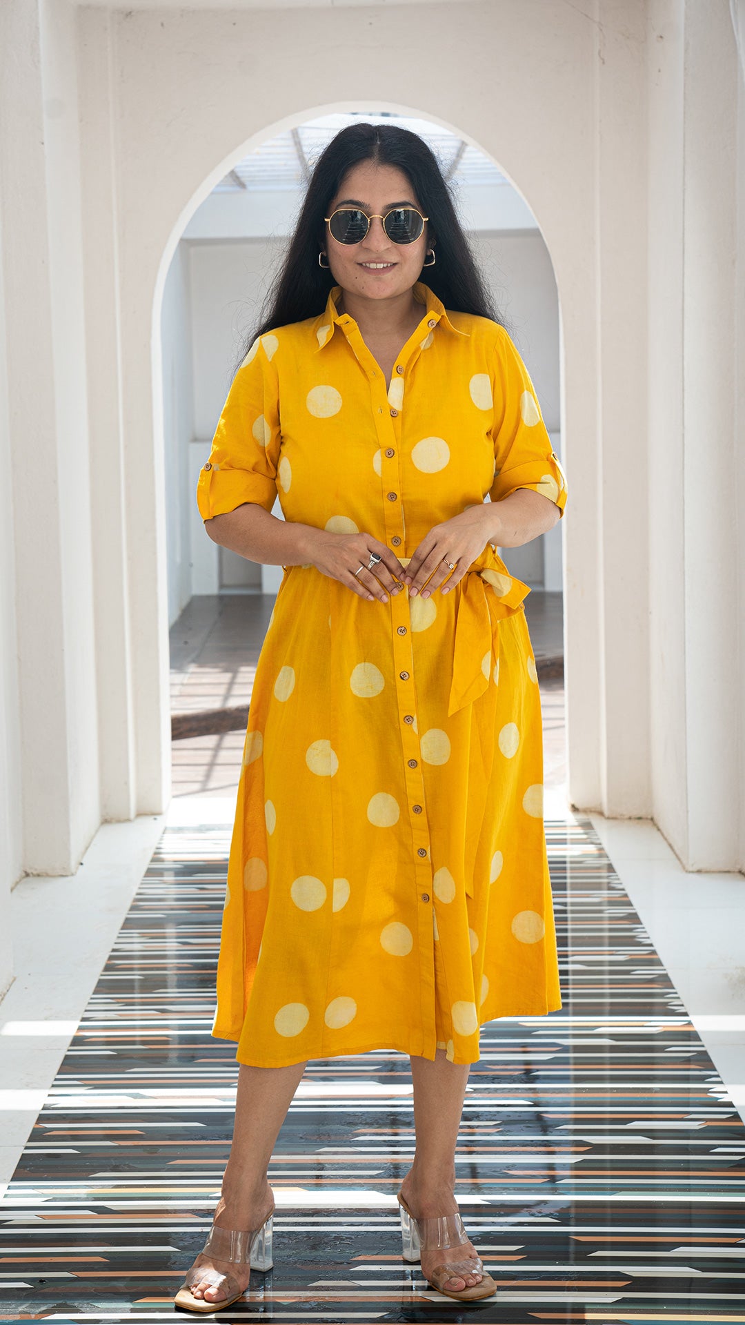 Anjum Polka Dots Hand Block Cotton Shirt Dress - Yellow
