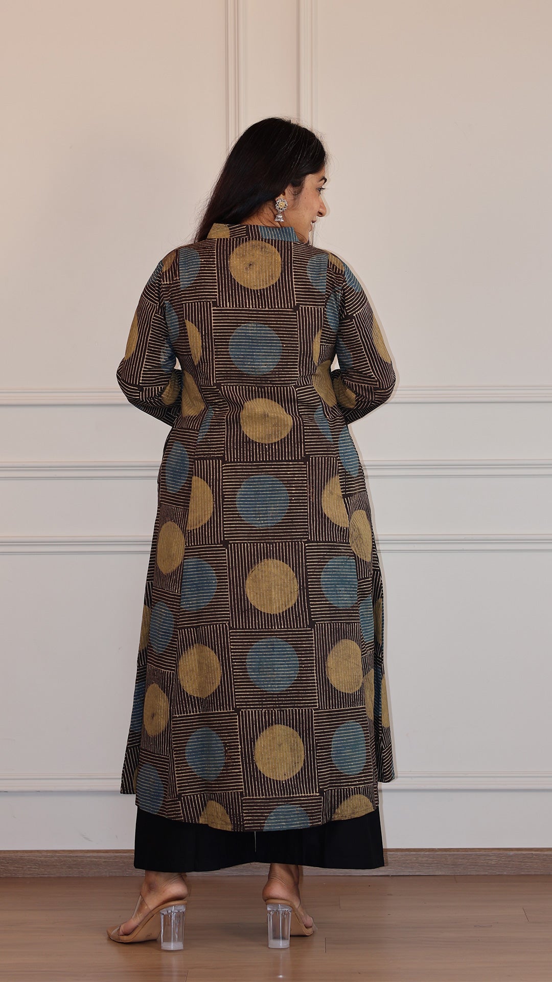 Peenal Polka Dots Ajrakh Cotton Hand Block Kurta- Charcoal