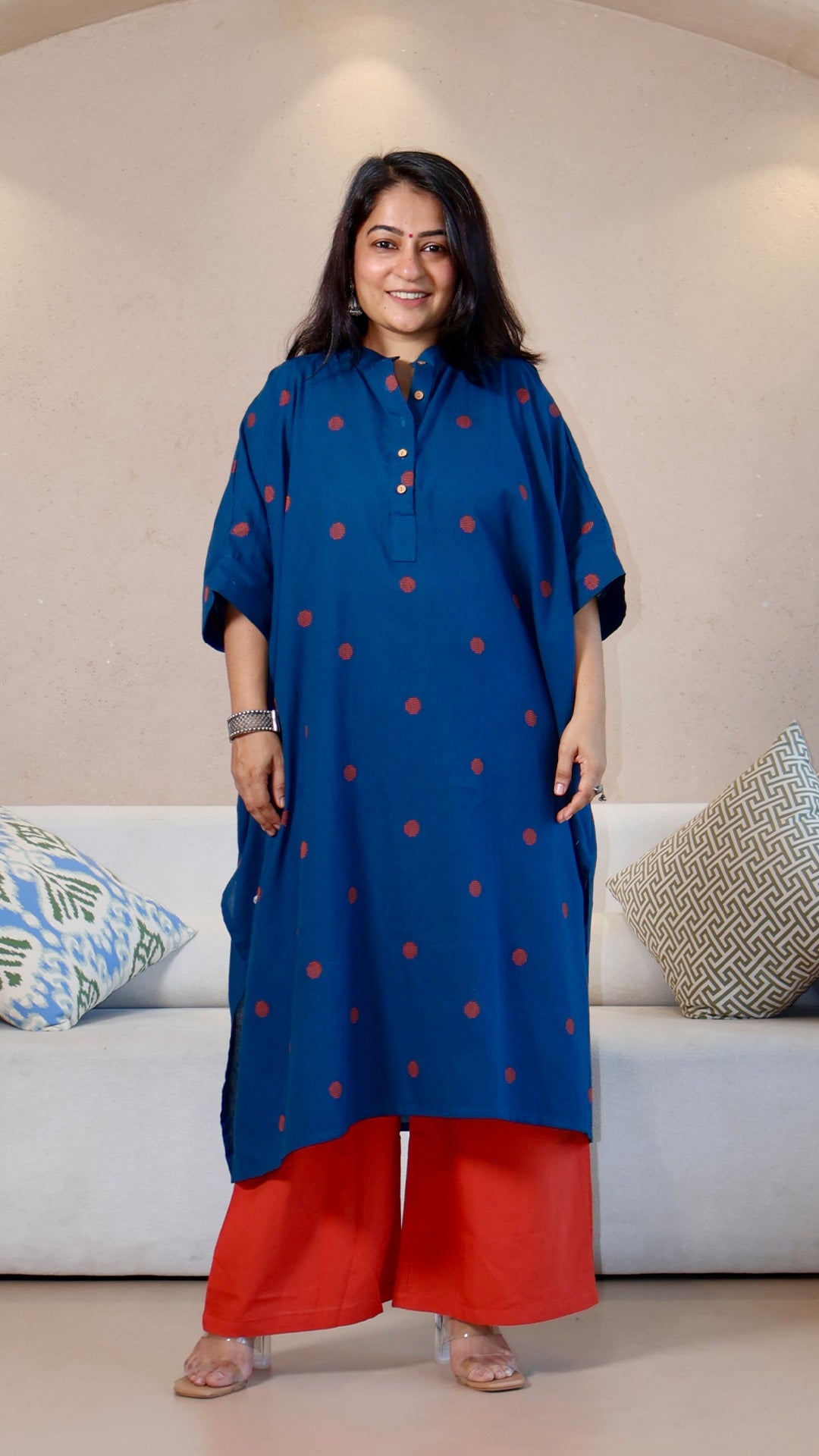 Blue Dots Motif Handwoven Cotton Kaftan Co-ord