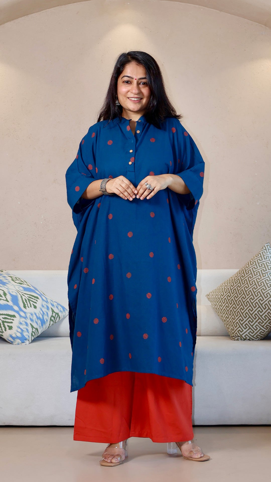 Blue Dots Motif Handwoven Cotton Kaftan Co-ord