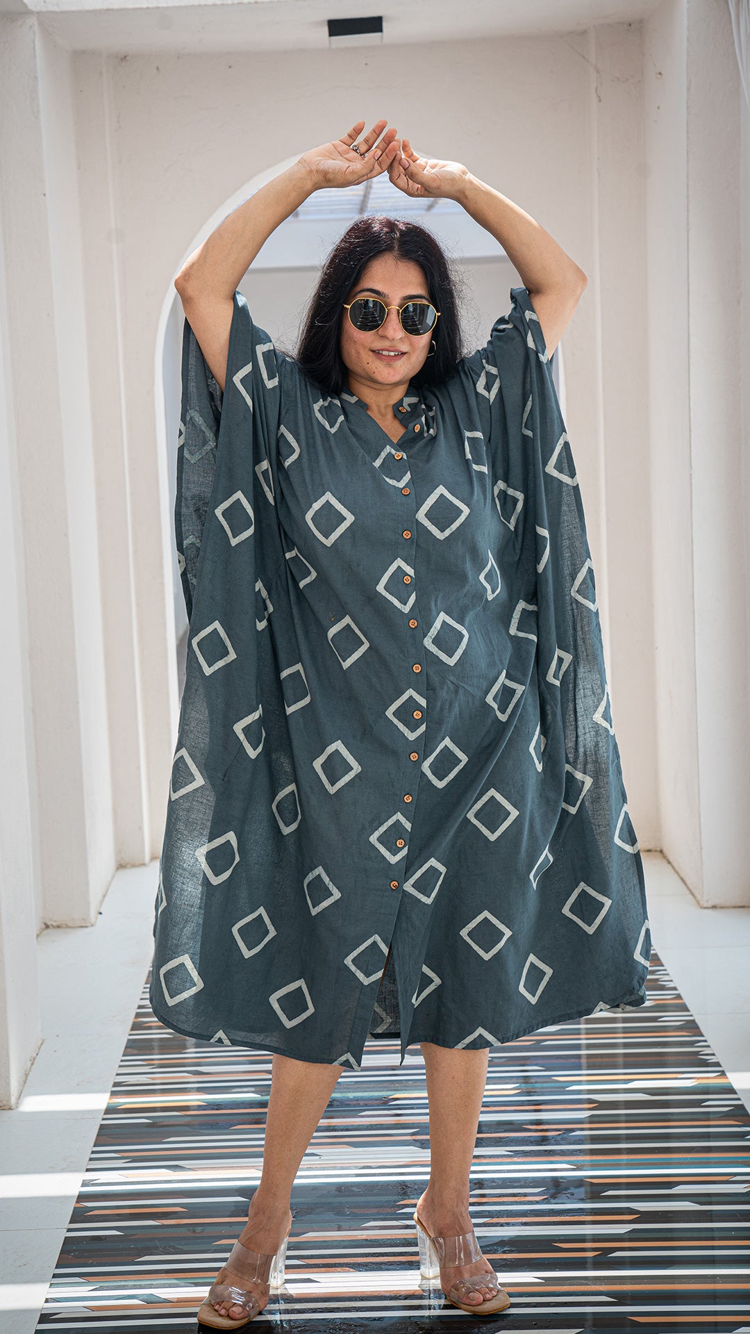 Grey Geometric Print Cotton Kaftan