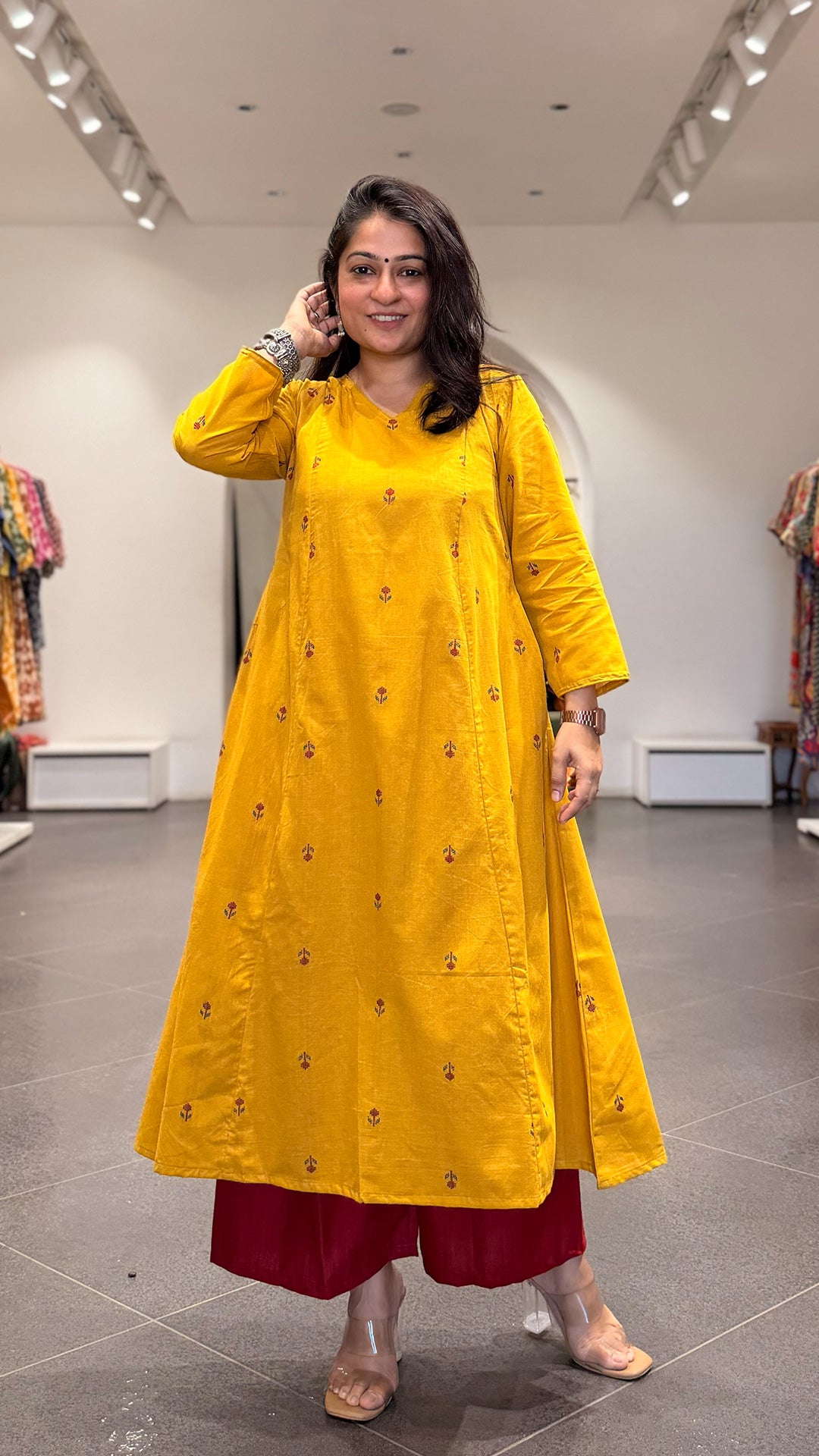 Leher Hand Woven Kali Kurta In Cotton - Yellow