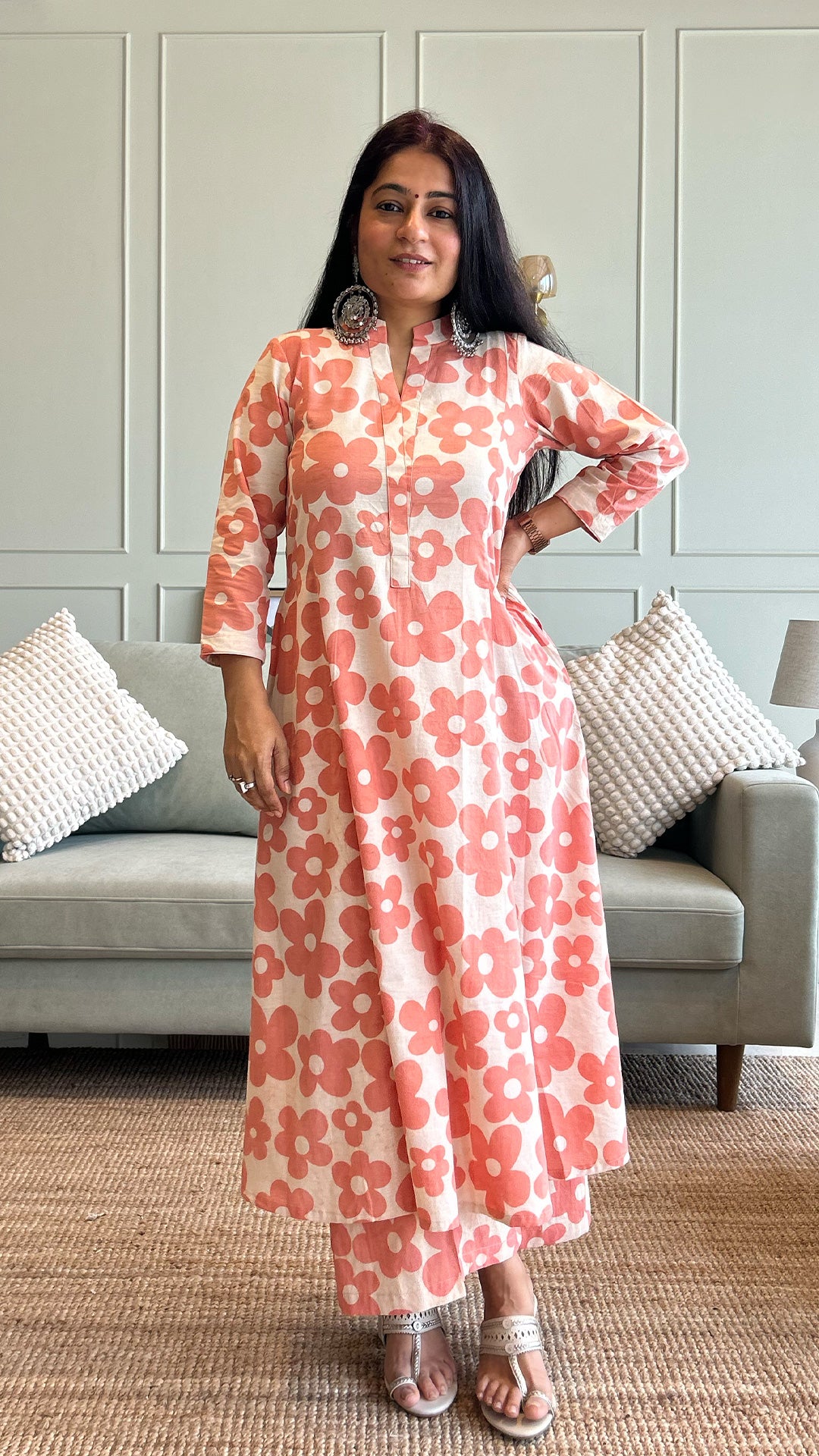 Kriva - Pink Floral Kali Kurta In Cotton